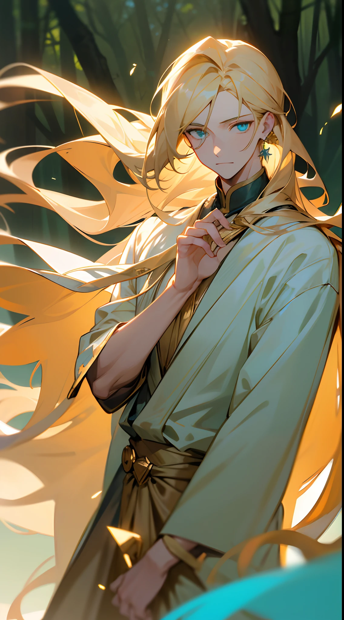 1 boy , boy 6ft 5ft tall. Golden hair. extra very long hair. hairsh, hanging on the chest. hair blowing in wind. Cyan eyes. earings. light skin. Fragile Man. God's Clothing. Light-colored clothes. Forest background. blurred background. soft light. Glow. detailized face. beatiful face.