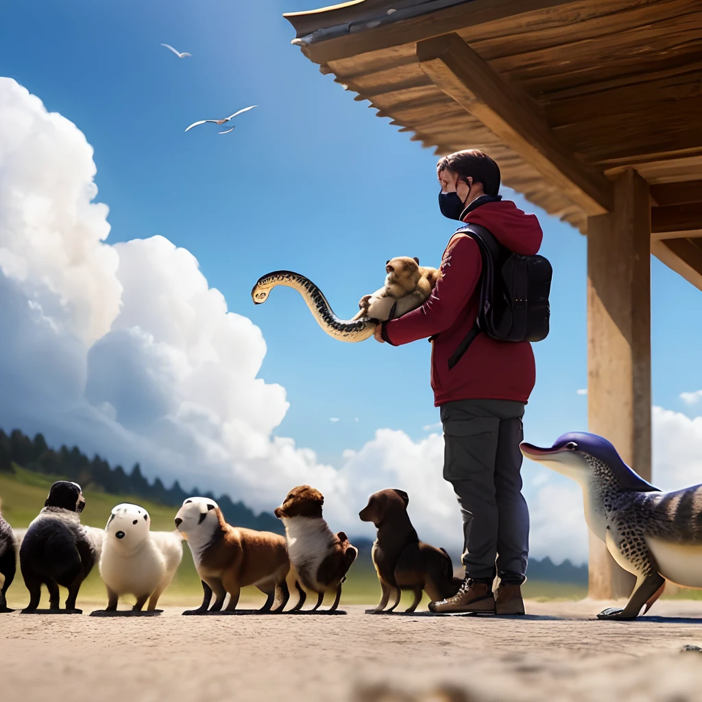 Un animal avec une tête de dauphin sur un corps de chien avec des pattes d'ours, une queue de serpent et des ailes d'aigle
