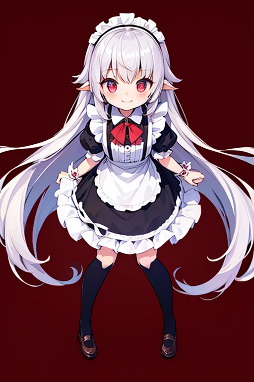 8K picture quality，silber hair,Red-eyed girl,cute little ,Long hair,Heartwarming,a miniskirt,ta,A smile,Thumbnail styles，maid clothes，fluffly，Looking down from above,A smile,full body Esbian,heartbackground