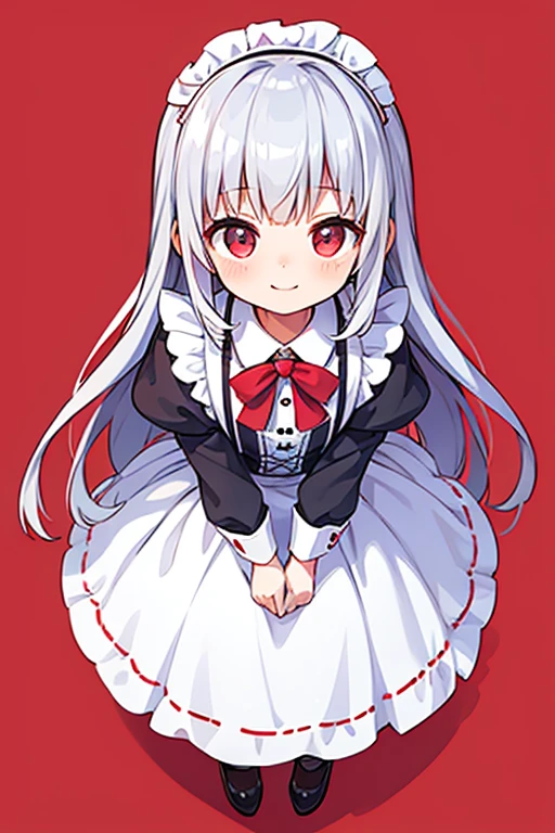 8K picture quality,silber hair,Red-eyed girl,cute little ,Long hair,Heartwarming,a miniskirt,ta,A smile,Thumbnail styles,maid clothes,fluffly,Looking down from above,A smile,full body Esbian,heartbackground