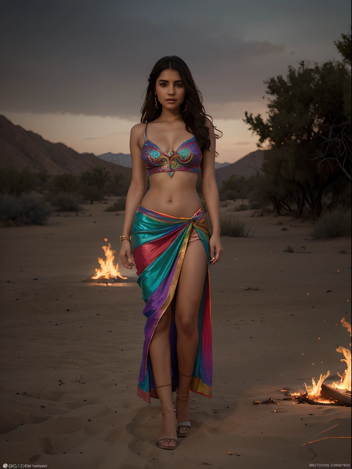 create a Hindi young woman in Full body photography of the most beautiful artwork in the world, a beautiful woman in intricate costume burning in the desert, rainbow colors, ArtStation, CGSociety, complex, high detail, clear focus, dramatic, realistic pictorial art trends Greg Rutkovsky