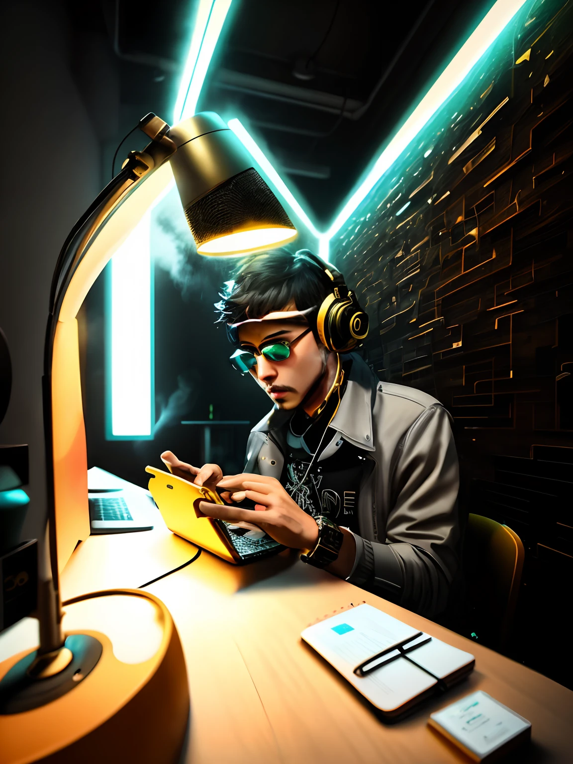 there is a modern Chinese style man, man with goatee, ear reamers, short hair, glasses on the table, doing THUG LIFE with his hands, glasses with orange polarized lenses, gold watch, sitting in a chair in front of a computer, gold chains, open plaid T-shirt, brown wooden office desk, microphone on pedestal in the background of the picture, dream filter in the background, notebook and television background, in your studio, background speaker, acoustic walls. Orange color sign on top on the background written "Juice". 8k, (high quality: 1.1), (cinematic feel: 1.1), deep dark shadows, incredibly intricate details, --seed, high quality, Unreal Engine style, light mist, white pecará with Weed symbol, Marijuana, white charger wired cell phone,