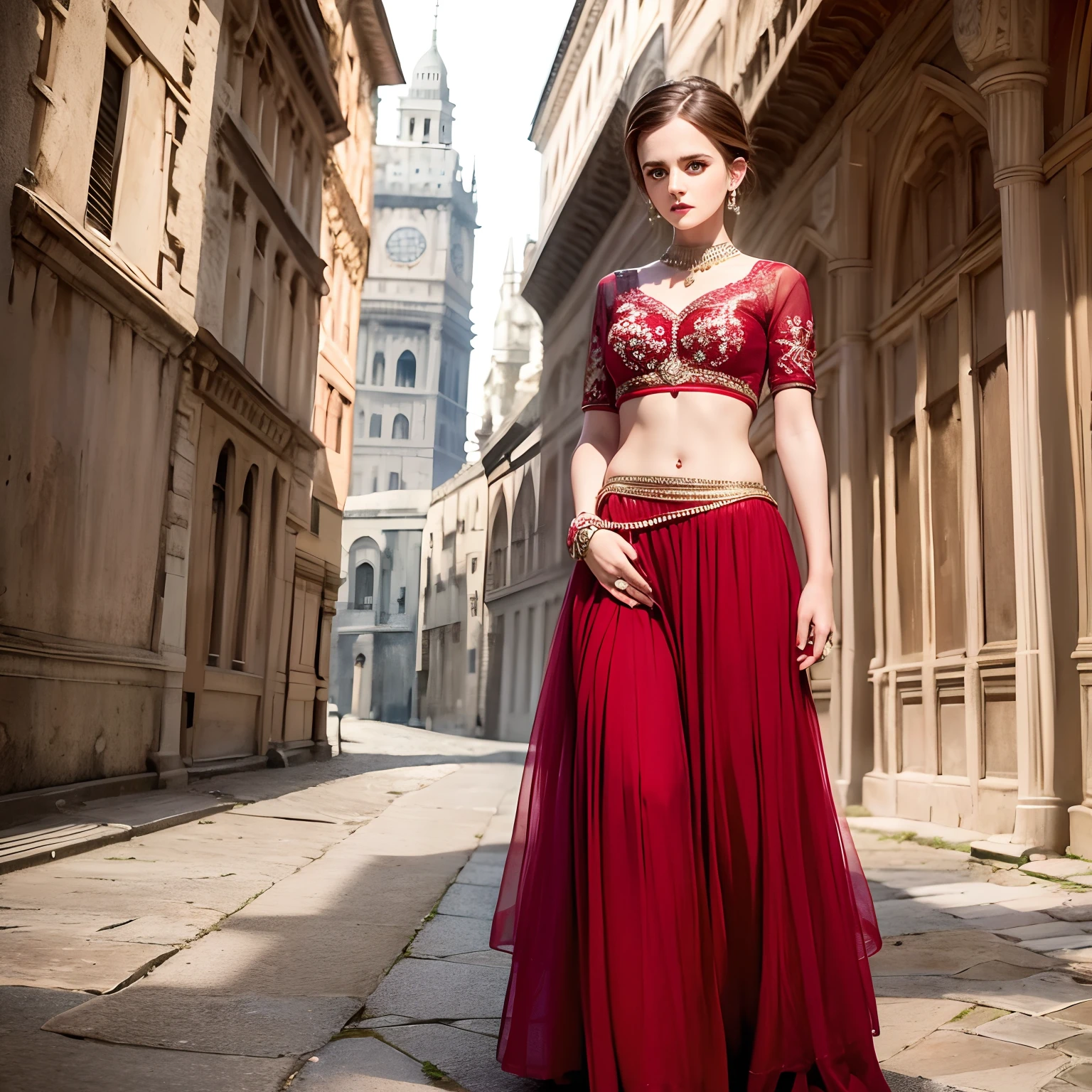 Cute emma watson with red lehenga choli, long slit skirt, angry eyes