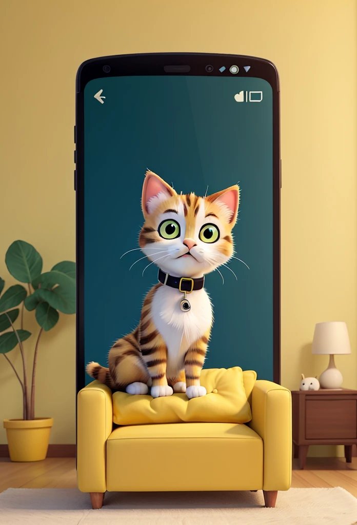 A kitten is lying on a yellow sofa,mobile phone in hand, A design style with creative features,illustration,Avatar bonito,Bold lines and solid colors,Minimalista