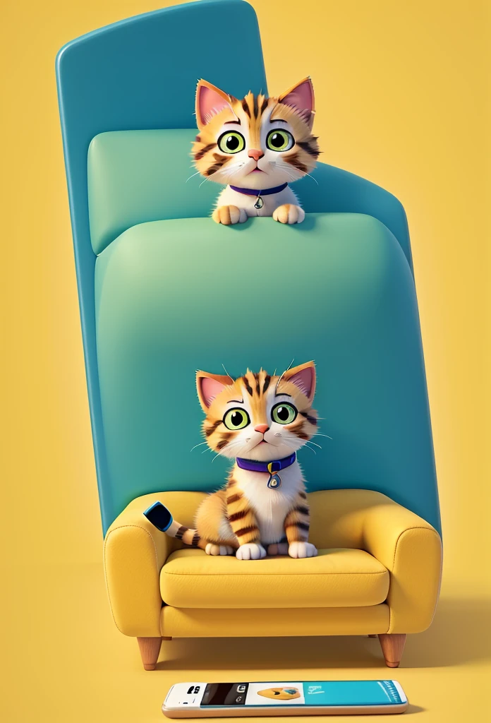 A kitten is lying on a yellow sofa,mobile phone in hand, A design style with creative features,illustration,Avatar bonito,Bold lines and solid colors,Minimalista