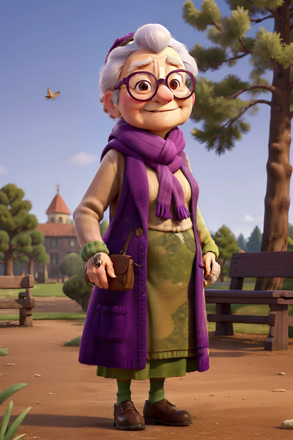 masterpiece, best quality, an old woman with glasses and a scarf on, wearing a purple coat and green scarf, standing at the park