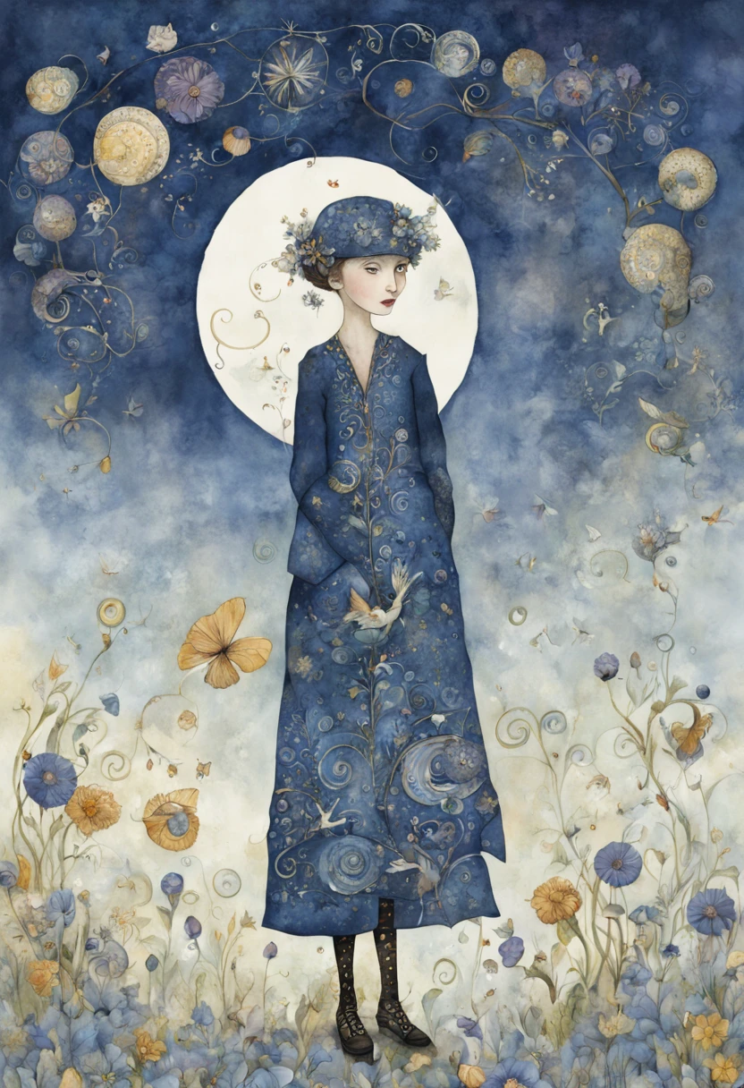 "magical whimsical illustration of a hand painted illustration of a sympahatetic character in the world of tomorrows futures past, indigo background, high resolution, fine detailed textures in the mix style of Jane Crowther - BAHMAN - Iris Esther"