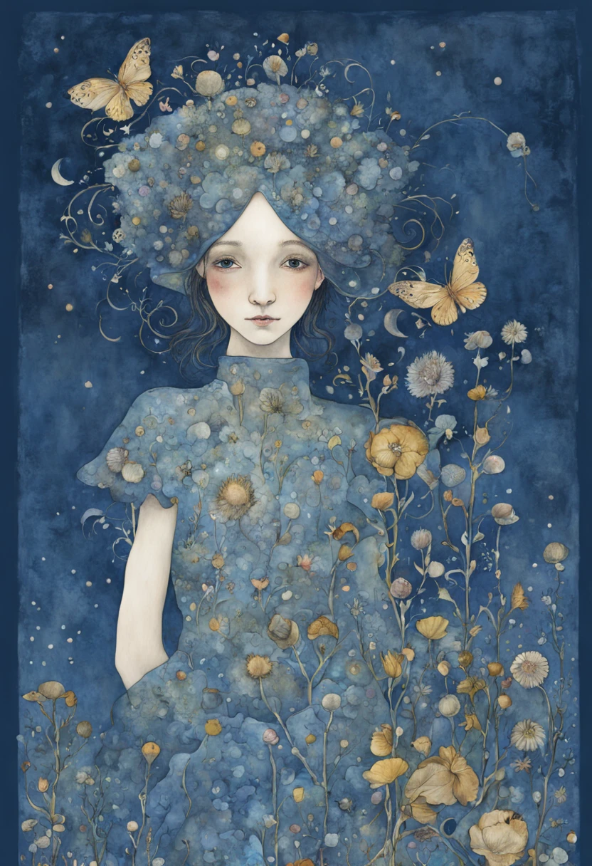 "magical whimsical illustration of a hand painted illustration of a sympahatetic character in the world of tomorrows futures past, indigo background, high resolution, fine detailed textures in the mix style of Jane Crowther  - BAHMAN - Iris Esther"