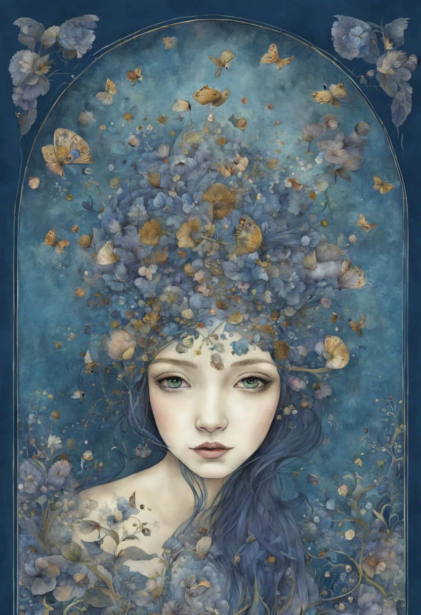 "magical whimsical illustration of a hand painted illustration of a sympahatetic character in the world of tomorrows futures past, indigo background, high resolution, fine detailed textures in the mix style of Jane Crowther - BAHMAN - Iris Esther"