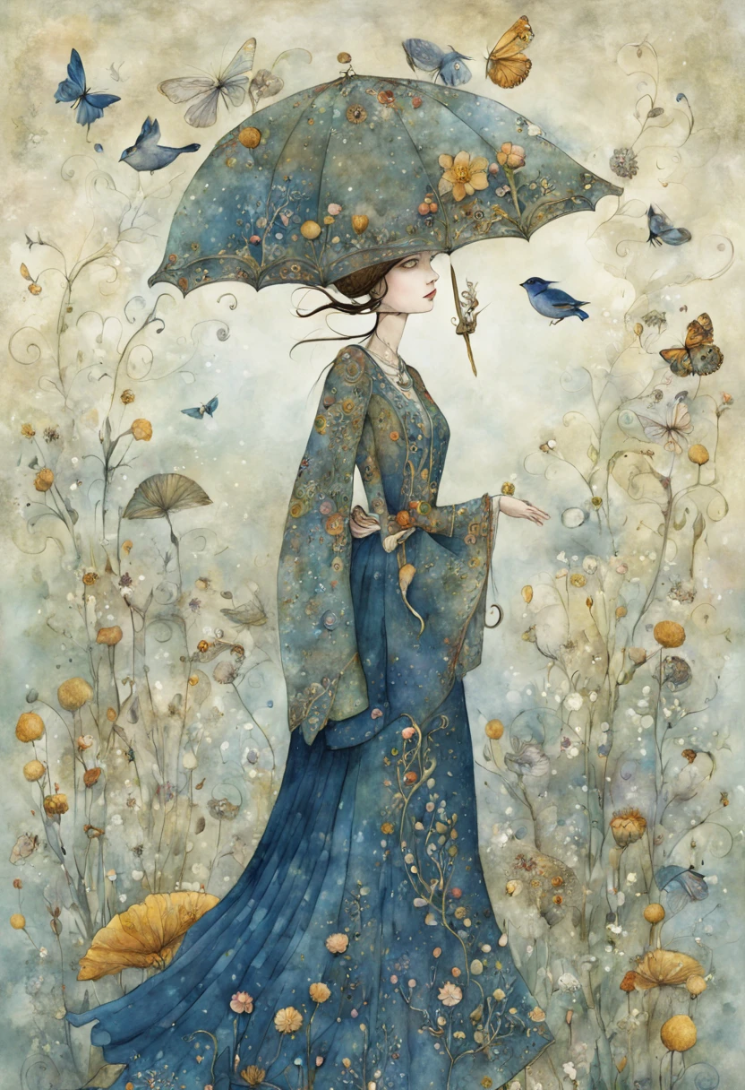"magical whimsical illustration of a hand painted illustration of a sympahatetic character in the world of tomorrows futures past, indigo background, high resolution, fine detailed textures in the mix style of Jane Crowther  - BAHMAN - Iris Esther"