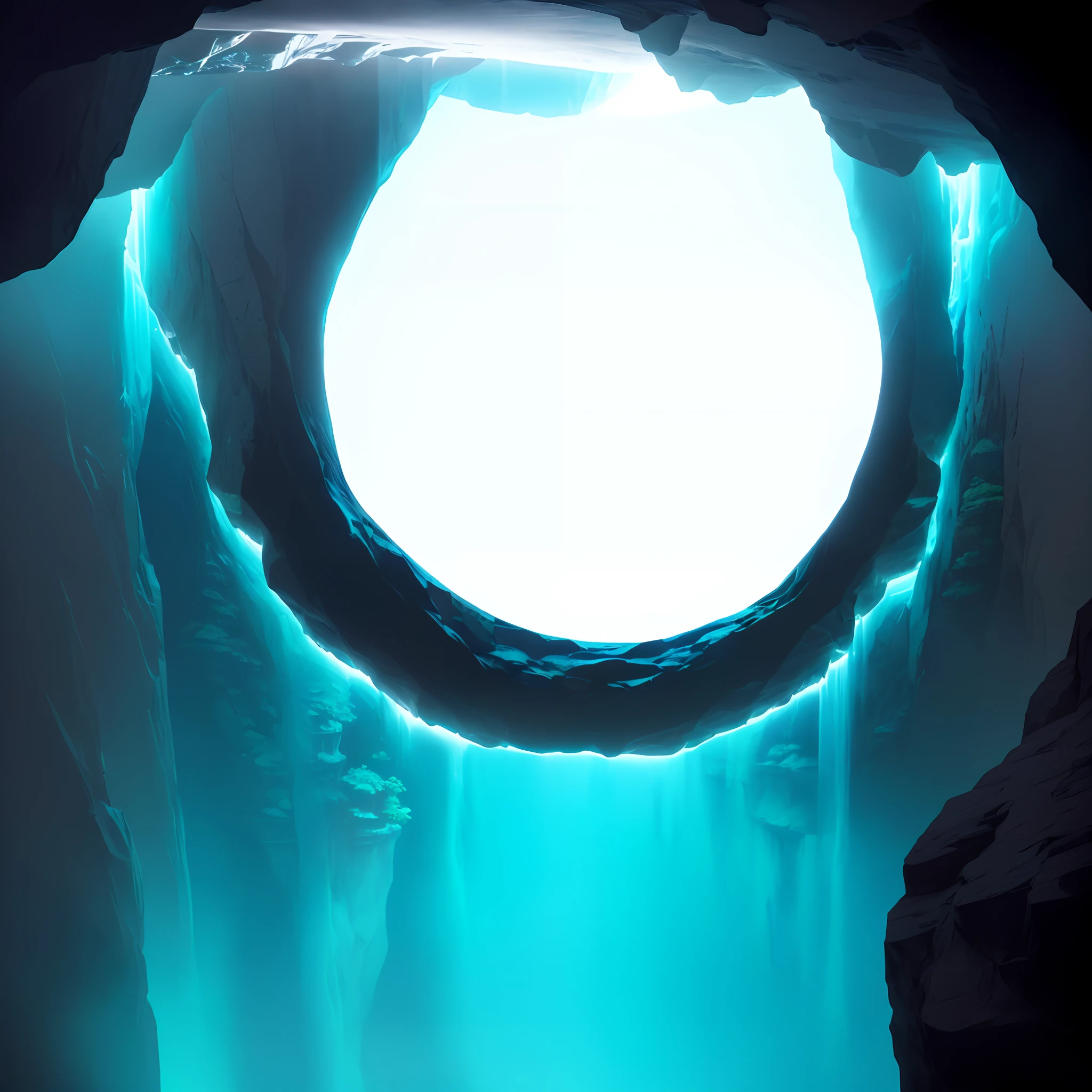 The cave is a true spectacle with a seductive cyan glow coming from the background, capturing the view of the entrance with many amazing details and depth. (Cavern with a seductive ciano glow from deep below, capturing the vision of the entrance with stunning detail and depth.)