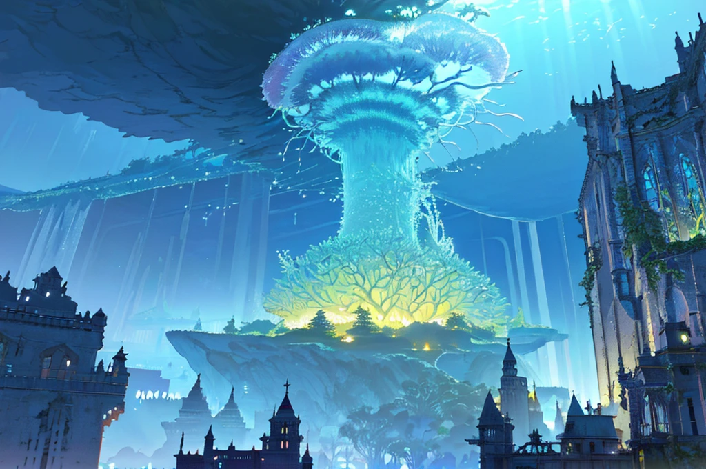 Masterpiece, High Quality, Ocean Forest, City, Fantastic Fantasy, Glowing Plants, Coral Viaduct, (Swarm of Glowing Jellyfish), (Shoal of Fish with Transparent Wings Flying in the Sky), Misty, Extreme Detail, Morning Light, Epic Composition, (Intricate Detail), (Intricate Design, Ultra Detail: 1.2), Art Station, (Masterpiece, Best Quality), Ultra HD, 32k ,castle,relic --v 6