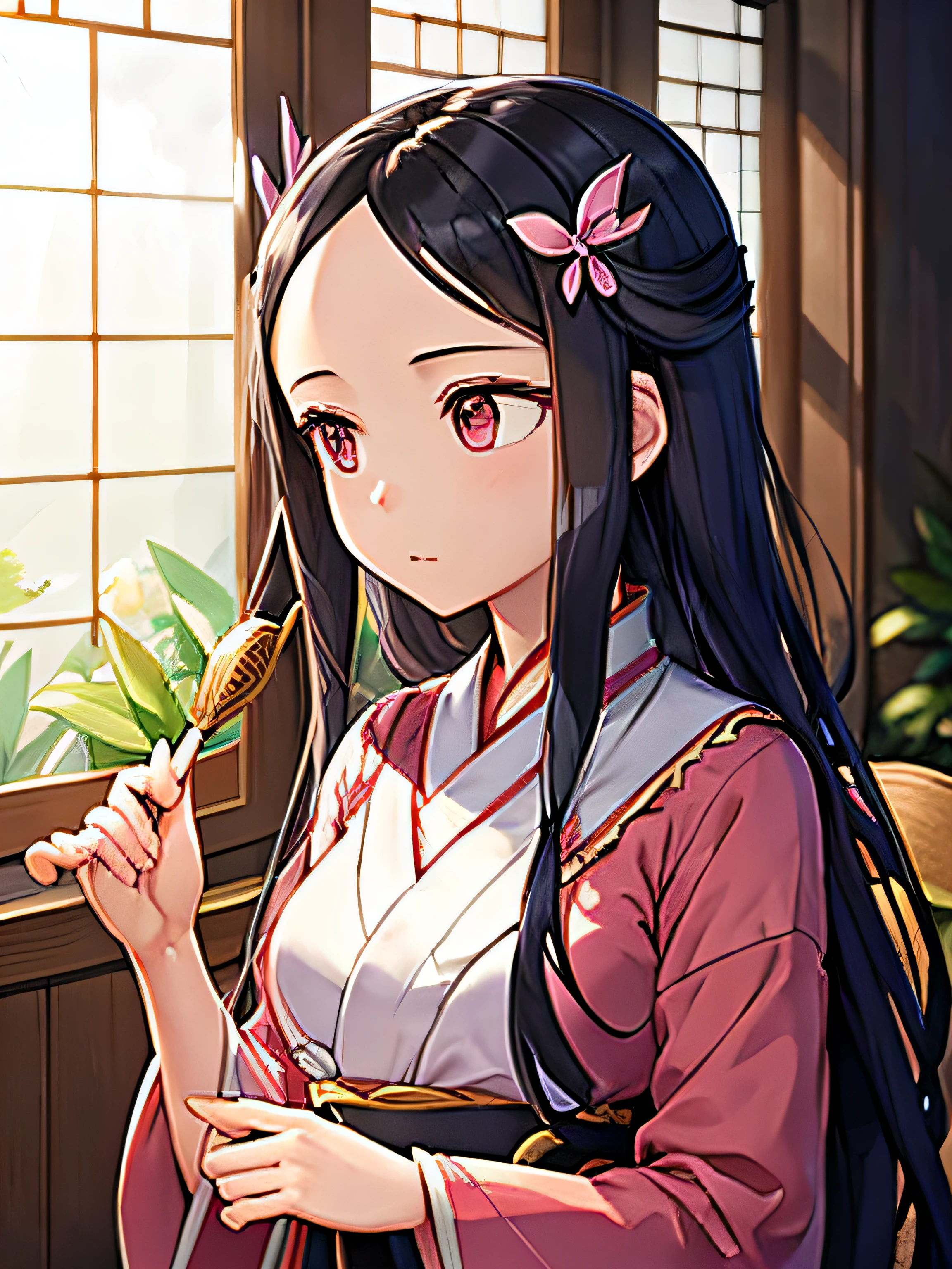 Nezuko from Demon Slayer, Nezuko should be wearing her iconic dress with intricate details, and she should be delicately holding a bamboo stick. Place her in a serene and beautiful setting at the Butterfly Mansion from the series, with soft natural light filtering through the windows. Capture her in a moment of calm contemplation or relaxation. Ensure that the image radiates a sense of tranquility and harmony, staying true to the character's spirit.