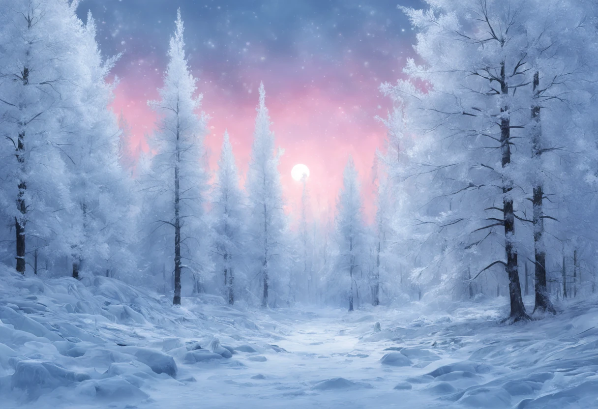 Arte conceitual de inverno, Snow and ice forest,Each branch is covered with sparkling ice crystals,They resemble countless diamonds,Shine brightly,The branches of the trees seem to be embedded in the snow and ice,A forest of ice and snow was formed, These ice crystals are exposed to moonlight,glittery,It was as if all the stars in the sky had fallen to the earth,Ice Mage, 4K fantasy art, 4K detailed digital art, ·, 4k highly detailed digital art, artgerm detailed,Moon Night,dyna,lute,hdr,hyperrealistic fantasy art,Epic digital fantasy art style,Beautiful sci-fi art, Science-fi digital art illustration,science fiction digital painting, futuristic digital painting, futuristic concept art, In front of a landscape of snow-capped sci-fi pine trees and ice flowers, science fiction digital art, A dream-like transparent ethereal enchanted forest