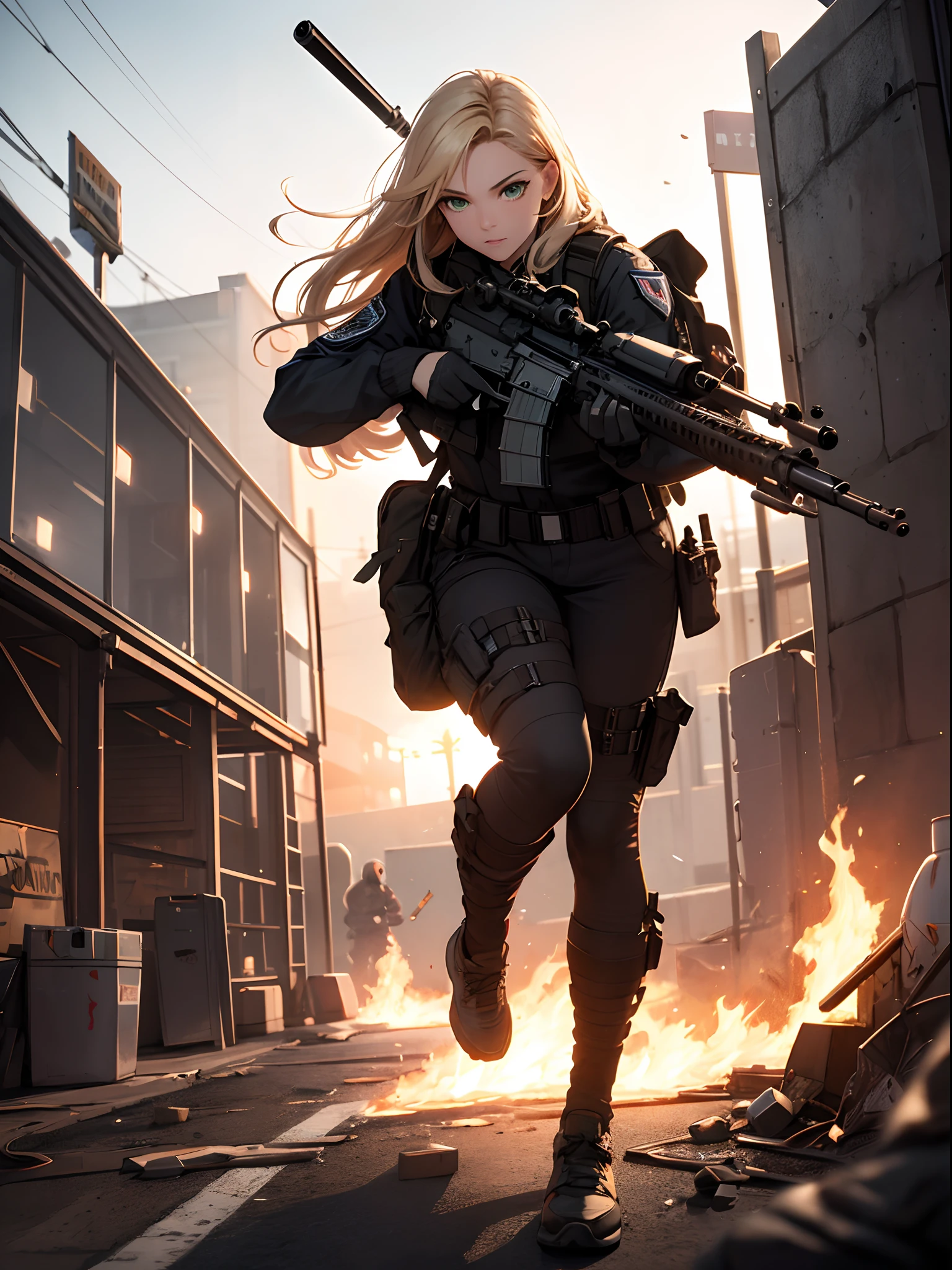 {{Masterpiece, top quality, highly detailed CG, 16K, movie lighting, lens flares}}, one girl of a special forces operative, (aiming a huge rifle), (wide view), thick body, Photorealistic: 1.4, long blonde hair, green eyes, aiming, ((Boarding gate of combat helicopter: 1.6)), SWAT, night footage, the sky clouded by plumes, plumes rising from flames, from above, aiming, rifle aiming, lock-on, rifle knee shooting, full body shot