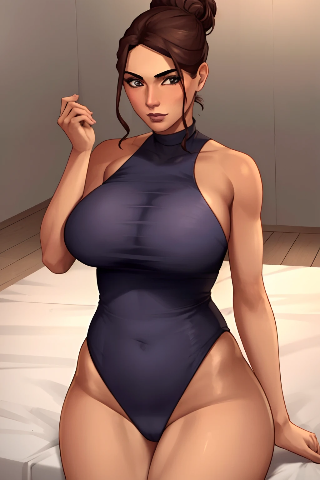 4lizeej, 1girl, solamente, cuerpo completo, andante,  delgado, sin maquillaje,  pelo corto, dark brown hair,  A bun of hair, (pechos enormes),  (Beautiful), (Obra maestra), (La mejor calidad), (Cara extremadamente detallada), Perfect lighting, realismo,