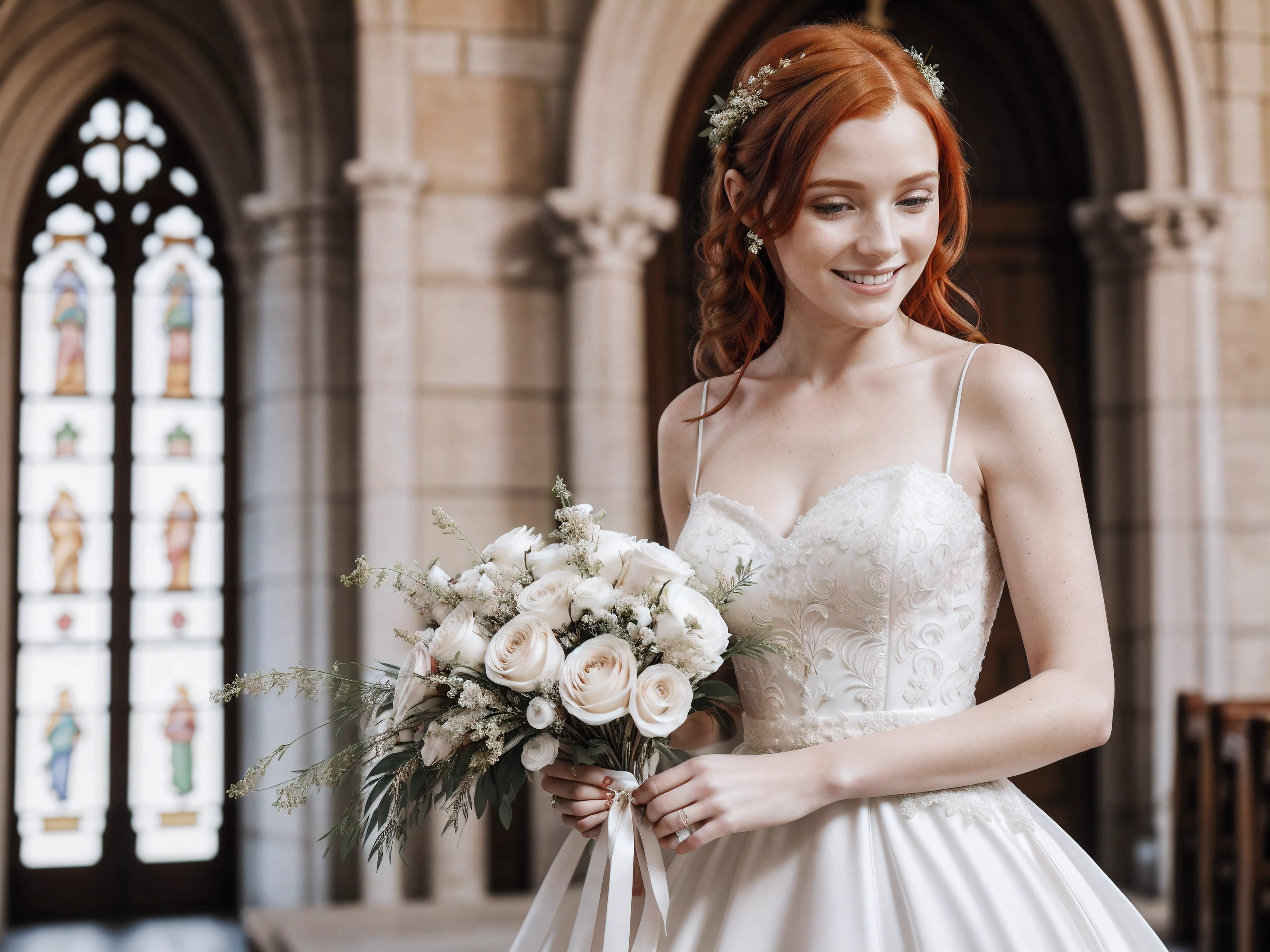 (close-up editorial photo of 27 yo woman, red hair, slim French sweetheart), wearing a wedding dress, holding flowers, looking really happy, Blurred background outside a church, high quality, good lighting, f1.2, Canon 85mm, perfect, detailed dress, white wedding dress, detailed sticking.