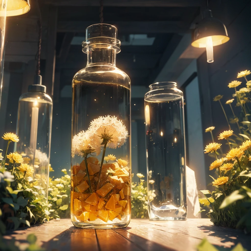 computador, Fotografia Extensiva de Ultrassom de Paisagem (Vista geral mostrando vidro de vidro, garrafa de vidro, Inside, Dandelions), garrafa, saque (Detailed description of the bottle, Dandelions), Glass, (Detailed description), dentro do orvalho de vidro (ultradetalhe), yellow dandelion (detalhe), Dandelion field (circunstanciado), garrafa, reflexo do amanhecer (1:3), Pirilampos (1:3), (Ultra-detailed description of appearance), garrafa, vela (Cristais: 1,2), Production art BREAK, (fonte fria) Luz:1.2), (Pirilampo:1.2), laranja, amarelo, fiery particles, Cores, detalhes intrincados, Volumetric lighting, fantasia realista BREAK (master part:1.2), (best quality), 4k, ultra-detalhado, (dynamic compositing: 1.4), alto detalhamento, detalhes coloridos, (cores sombrias: 1.2), (luminous lighting, Atmospheric Illumination), quente, Luz, magica, (sozinho: 1.2)
