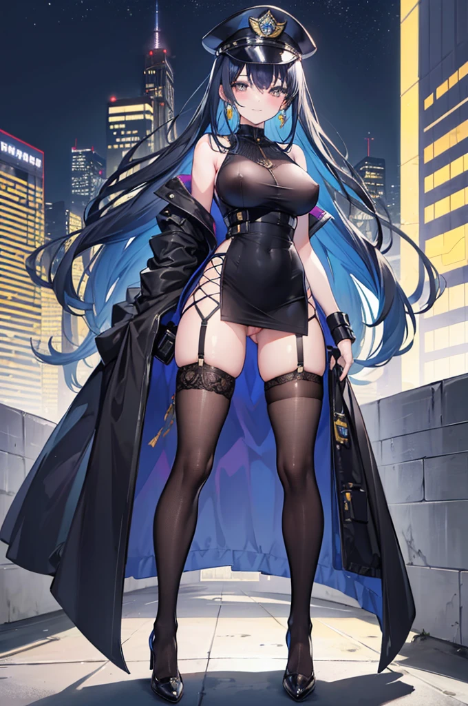 1 girl, dark blue hair, messy hair, long hair, light yellow eyes, small eyes, mature face, dropping eyes, big breasts, cameltoe, blurry background, erect nipples, blush, smile, earrings, ((pubic hair)), skirt lift, light smile, black high heel, tall statue, night, see-through, no panties, light makeup, full body, micro mini skirt, pencil skirt, police uniform, garter belt, skyscrapers, taxi, police officer cap, handcuff, fishnet tights, dynamic pose