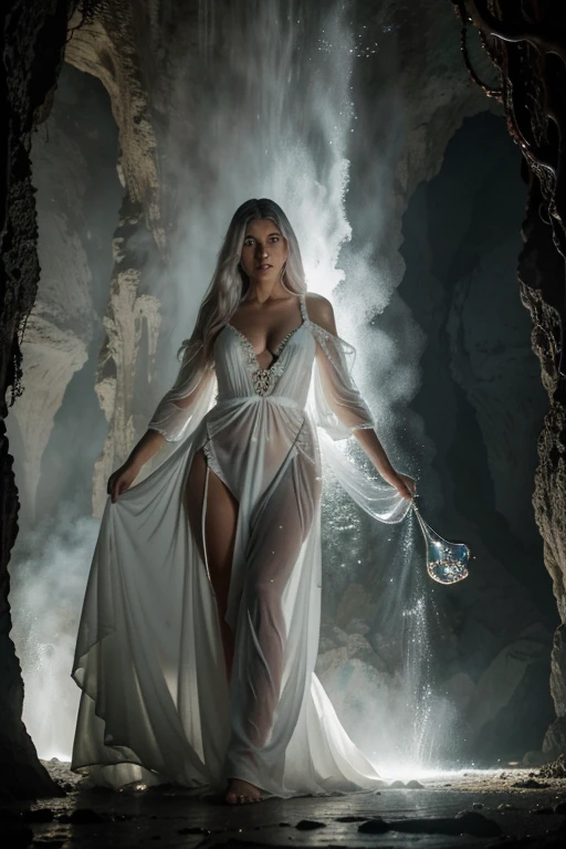 Arte estilo Alex Horley, Witch Woman transformation into alligator wearing loose dress in white and transparent color, cabelos branco e brilhantes como movimento, ambiente sombrio, Face a huge bubbling cauldron, em uma caverna caverna iluminada por tochas, imagem em alta qualidade