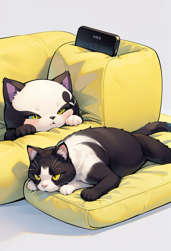 A kitten is lying on a yellow sofa,mobile phone in hand, A design style with creative features,illustration,Avatar bonito,Bold lines and solid colors,Minimalista