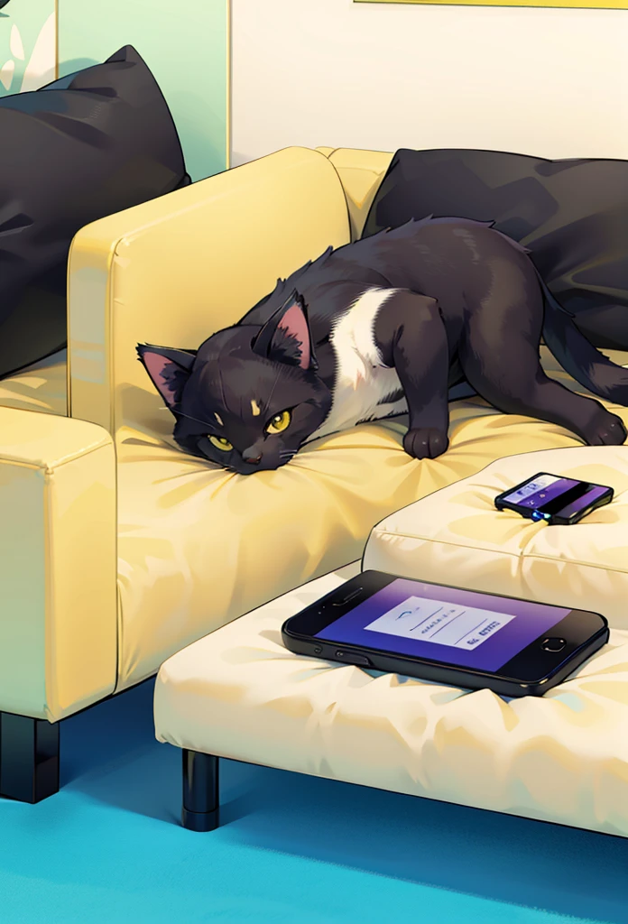 A kitten is lying on a yellow sofa,mobile phone in hand, A design style with creative features,illustration,Avatar bonito,Bold lines and solid colors,Minimalista