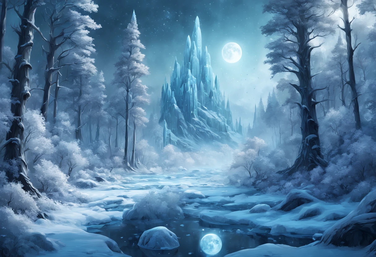 Arte conceitual de inverno, Snow and ice forest，Each branch is covered with sparkling ice crystals，They resemble countless diamonds，Shine brightly，The branches of the trees seem to be embedded in the snow and ice，A forest of ice and snow was formed， These ice crystals are exposed to moonlight，glittery，It was as if all the stars in the sky had fallen to the earth，Ice Mage, 4K fantasy art, 4K detailed digital art, ·, 4k highly detailed digital art, artgerm detailed,Moon Night，Mysterious lights are hidden in the forest，hdr，hyperrealistic fantasy art，Epic digital fantasy art style，Beautiful sci-fi art, Science-fi digital art illustration,science fiction digital painting, futuristic digital painting, futuristic concept art, In front of a landscape of snow-capped sci-fi pine trees and ice flowers, science fiction digital art, A fantastic transparent ethereal enchanted forest