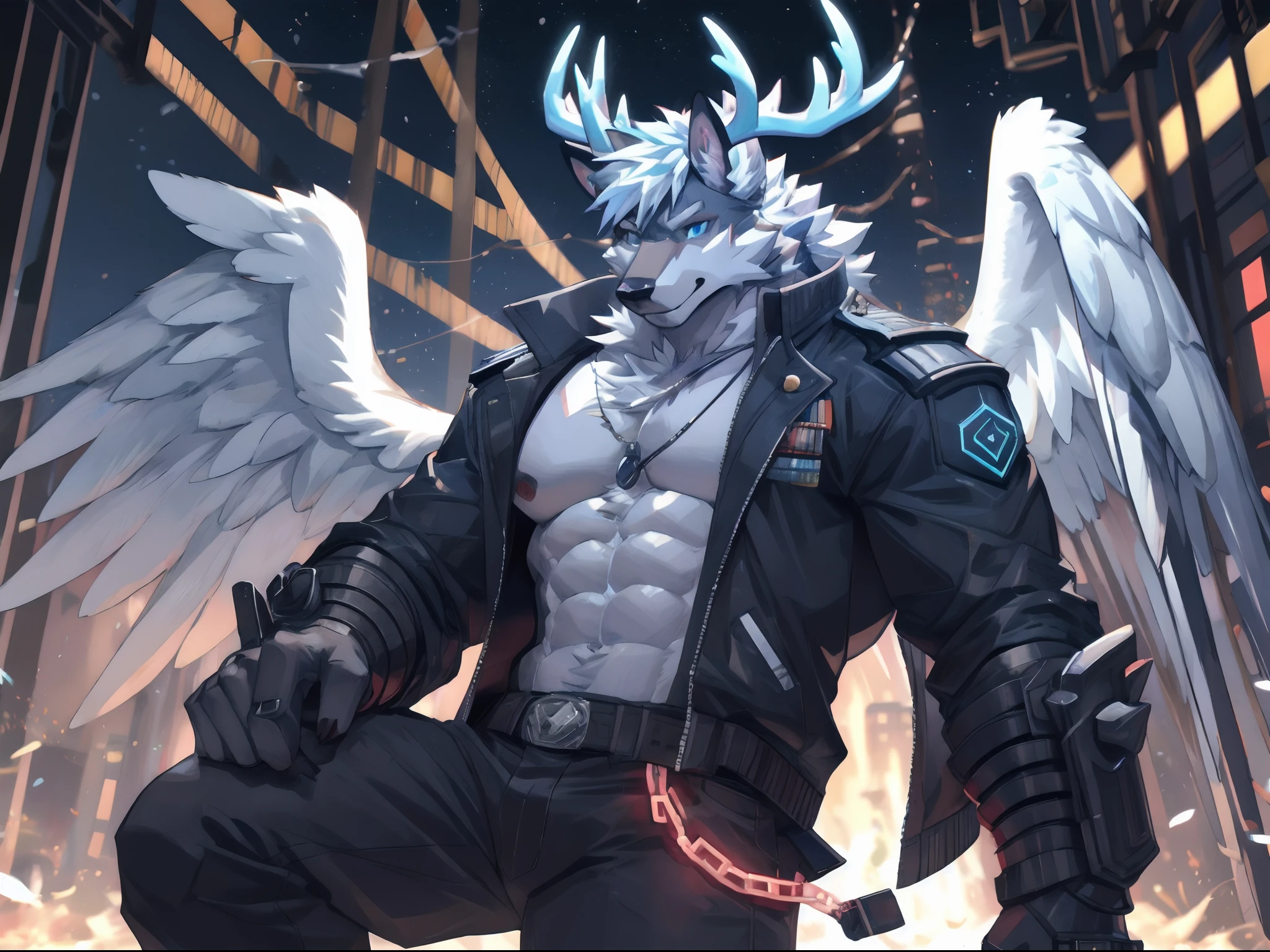 Masterpiece，Best quality，greys，coyote，deer antlers，the angel's wings，male people，Blue pupil，cyber punk perssonage，Strong，solo person，neonlight，Handsome