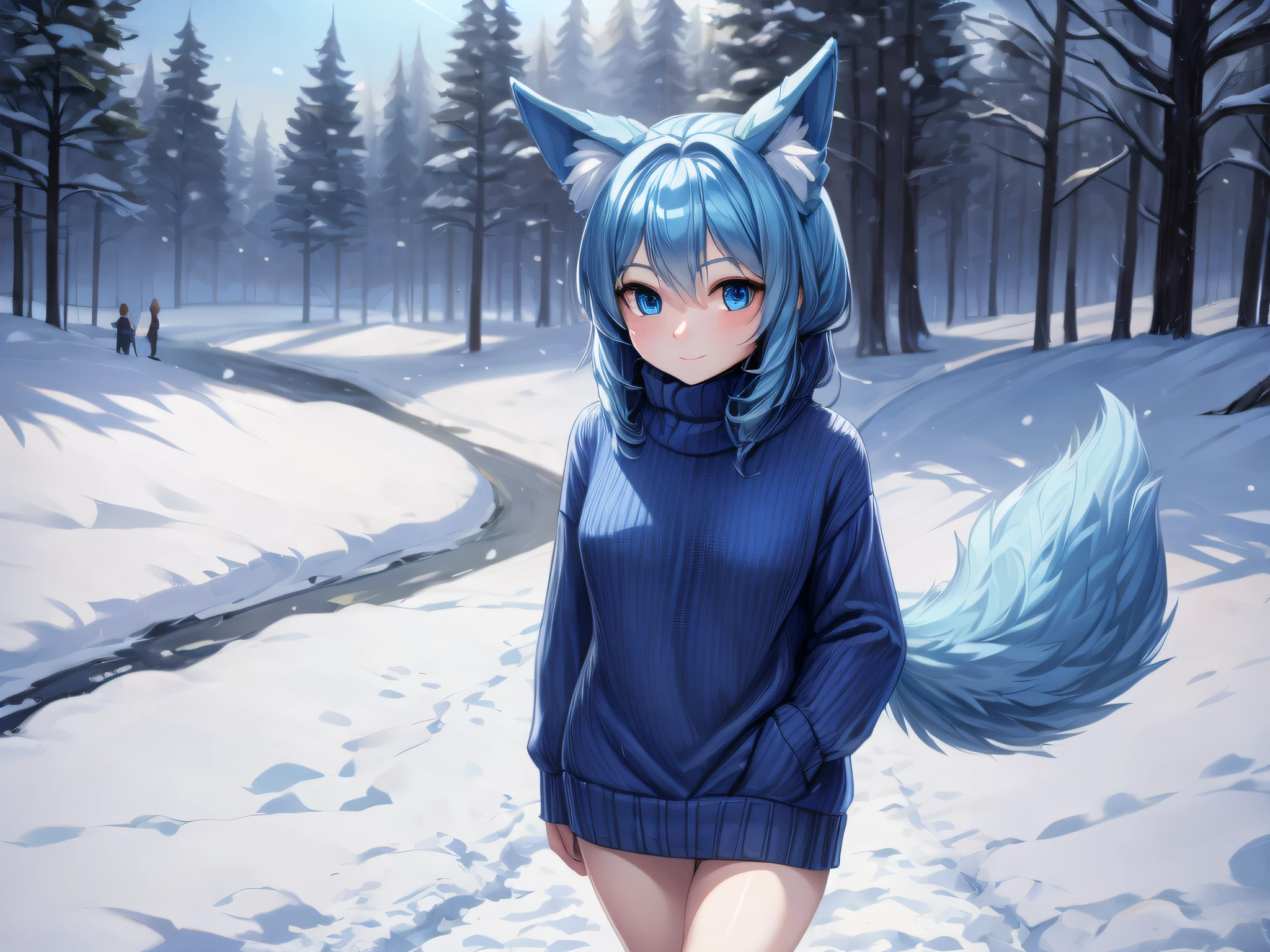 (Masterpiece) (High Detail) (High Res) A short humanoid girl with pale skin and blue eyes and long blue hair and blue dog ears and a big fluffy dog tail is wearing an oversized black turtleneck sweater and is walking alone in the snow.
