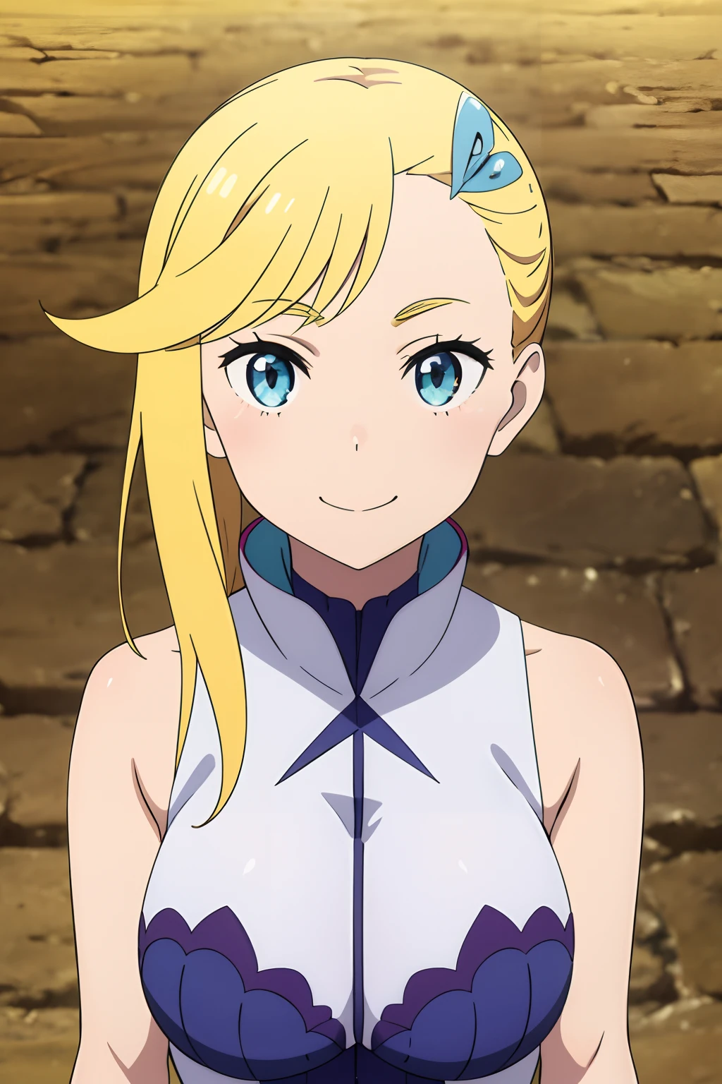 a  girl with blond hair, big eyes and a beautiful smile, dressed as an explorer,  MINERVA, 1girl, solo, facing viewer, looking at viewer, upper body, smile