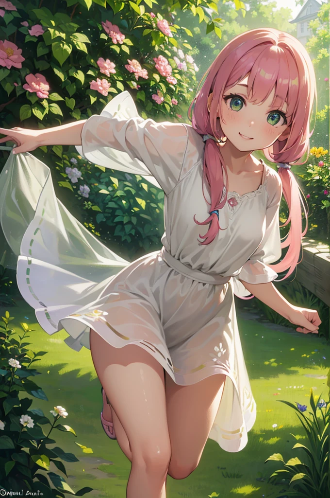 (best quality, highres, ultra-detailed), realistic, (portrait:1.2), (vivid colors), (soft lighting), (medium:oil painting), (color palette:green), (background:lush garden), (detailed flowers and trees), (sunlight filtering through foliage), (gentle breeze), (playful expression), (standing pose), (surrounded by butterflies), (happy atmosphere), (blurred background), (innocent smile), (carefree mood), (freckles), (joyful eyes), (delicate features), (natural sunlight:1.1), (soft shadows), (whimsical elements), (shimmering highlights), (subtle facial contours), (expressive eyes:1.1), (pink rosy cheeks), (subtle hair strands), (loose pigtails), (dynamic movement), (playful charm), (peaceful ambiance), (harmonious composition), (colorful floral patterns on skirt), (dainty slippers), (grass and flower petals at feet), (beautifully styled hair), (view of her panties).