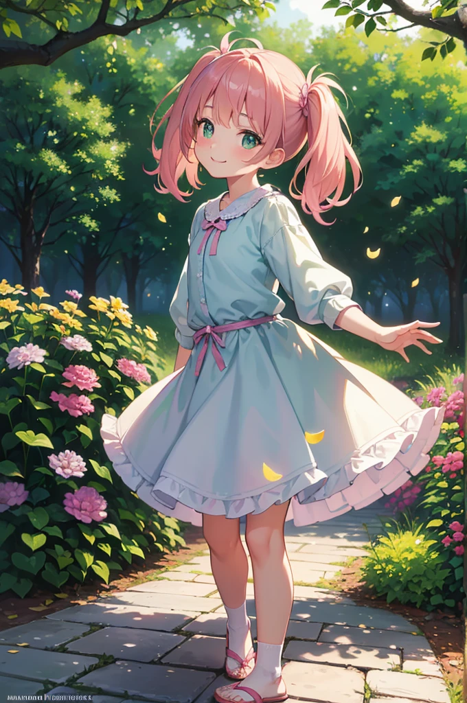 (best quality, highres, ultra-detailed), realistic, (portrait:1.2), (vivid colors), (soft lighting), (medium:oil painting), (color palette:green), (background:lush garden), (detailed flowers and trees), (sunlight filtering through foliage), (gentle breeze), (playful expression), (standing pose), (surrounded by butterflies), (happy atmosphere), (blurred background), (innocent smile), (carefree mood), (freckles), (joyful eyes), (delicate features), (natural sunlight:1.1), (soft shadows), (whimsical elements), (shimmering highlights), (subtle facial contours), (expressive eyes:1.1), (pink rosy cheeks), (subtle hair strands), (loose pigtails), (dynamic movement), (playful charm), (peaceful ambiance), (harmonious composition), (colorful floral patterns on skirt), (dainty slippers), (grass and flower petals at feet), (beautifully styled hair), (view of her panties).