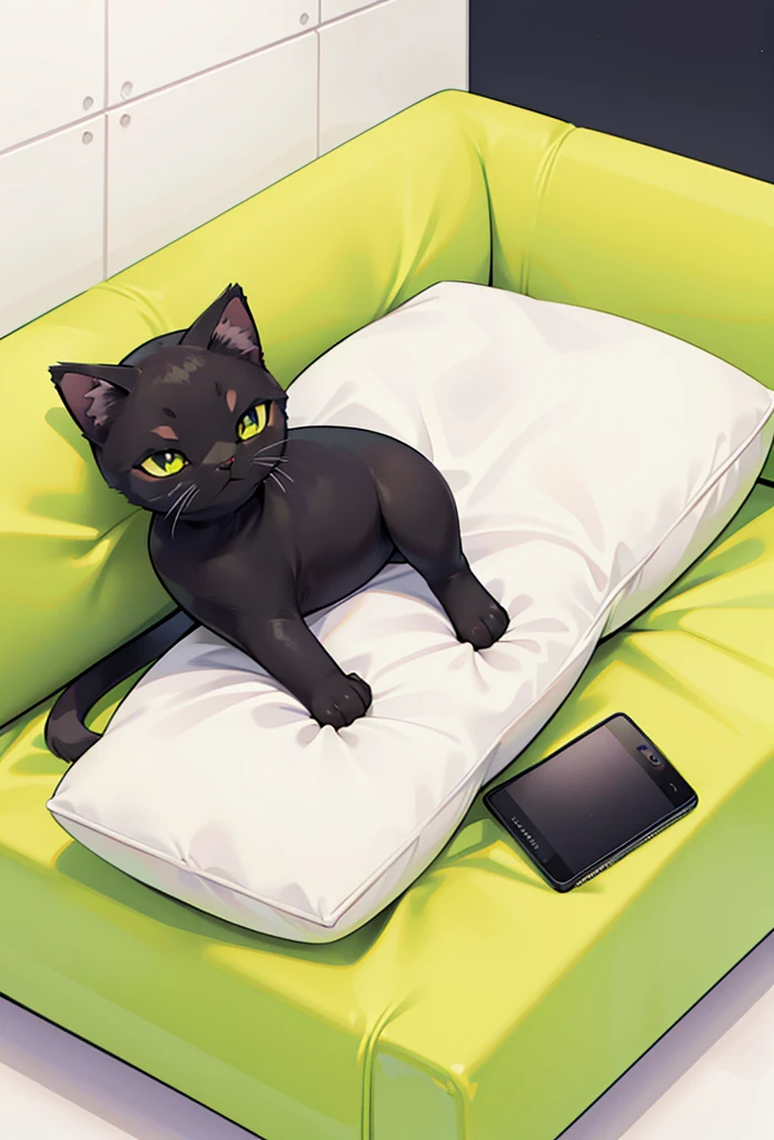 A kitten is lying on a yellow sofa,mobile phone in hand, A design style with creative features,illustration,- Avatar bonito,Bold lines and solid colors,Minimalista