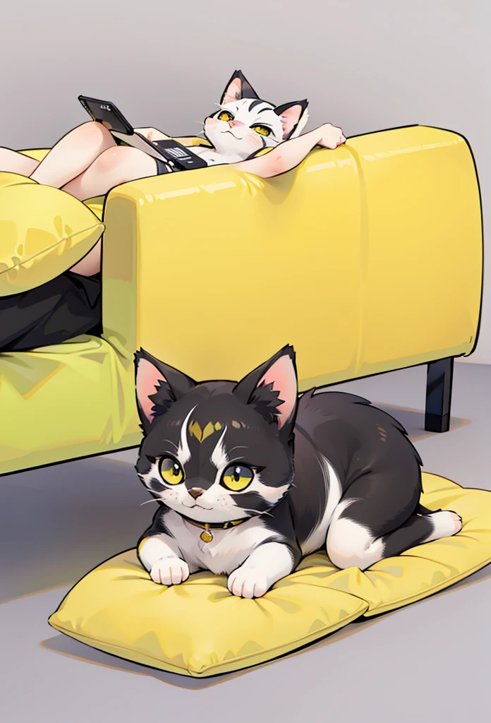 A kitten is lying on a yellow sofa，mobile phone in hand, A design style with creative features,illustration,- Avatar bonito,Bold lines and solid colors,Minimalista