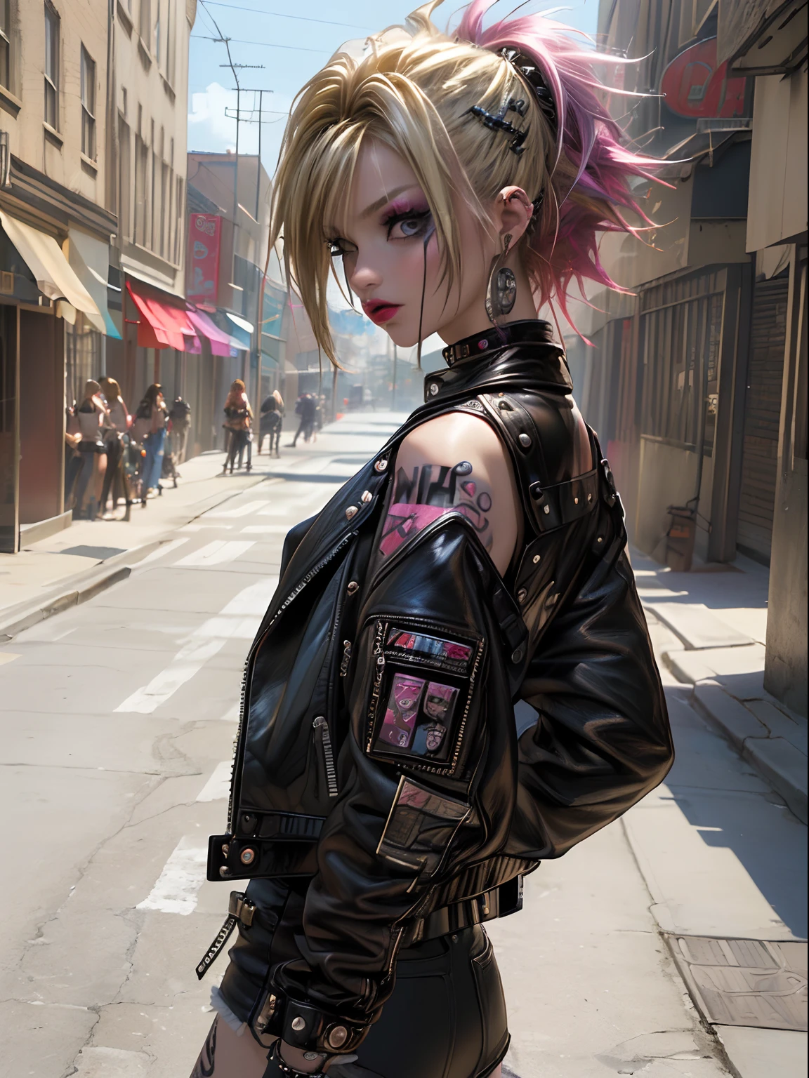 (top-quality、8K、32K、​masterpiece、nffsw:1.3)、(Photorealsitic:1.4),18-year-old punk girl,Wacky punk hair,Radical punk fashion,Tank Tops、leather jackets、blonde  hair,Wacky makeup、Street background,depth of fields,blurry backround,