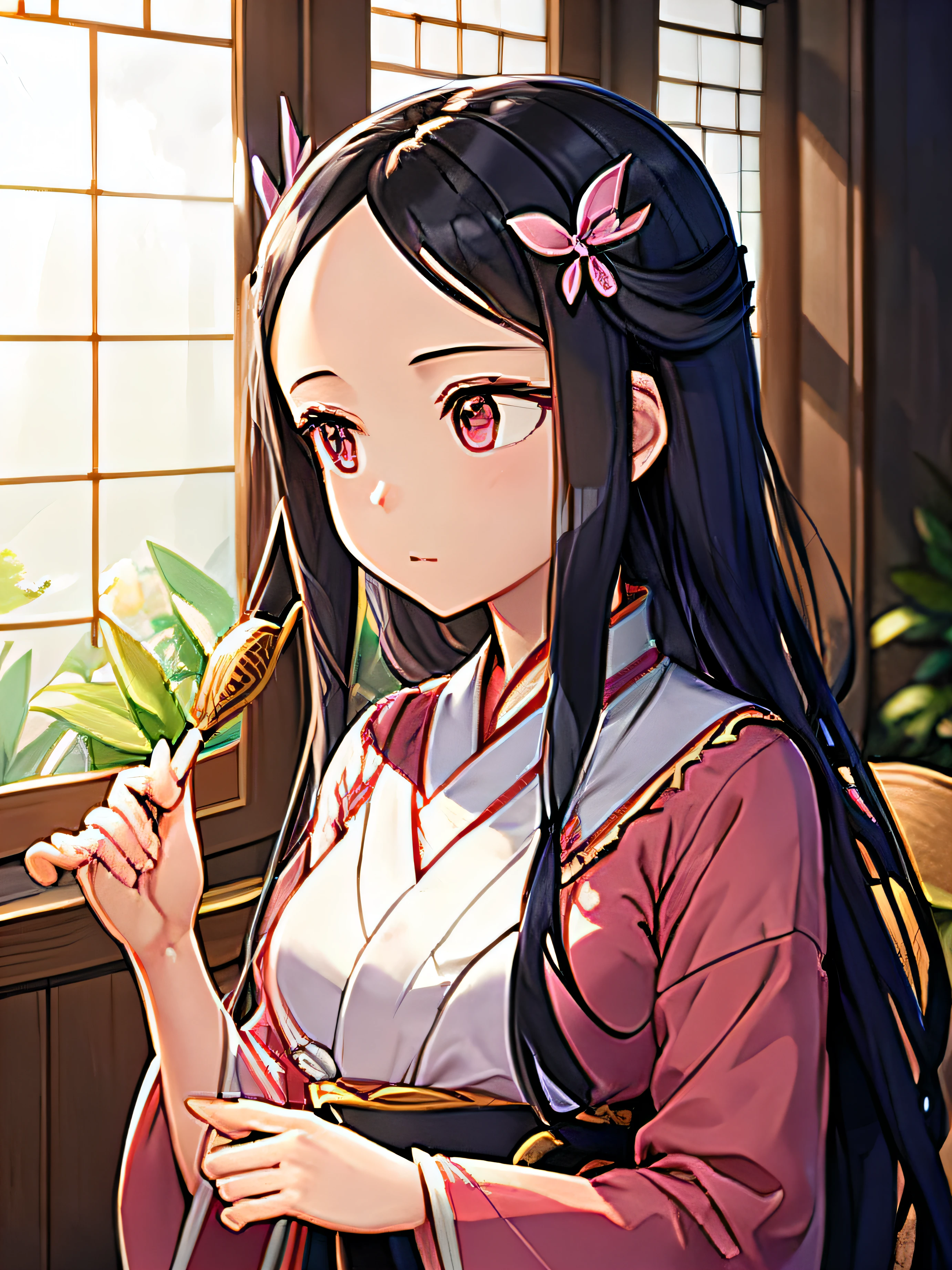 Nezuko from Demon Slayer, Nezuko should be wearing her iconic dress with intricate details, and she should be delicately holding a bamboo stick. Place her in a serene and beautiful setting at the Butterfly Mansion from the series, with soft natural light filtering through the windows. Capture her in a moment of calm contemplation or relaxation. Ensure that the image radiates a sense of tranquility and harmony, staying true to the character's spirit.