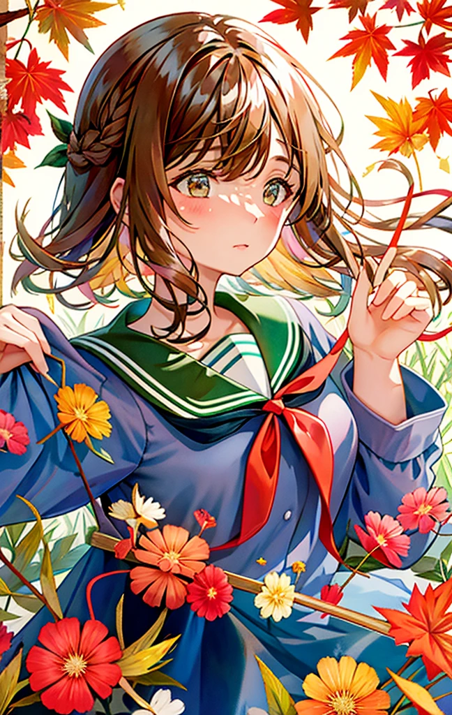 1girl, acorn, aki_shizuha, anger_vein, autumn, autumn_leaves, bangs, blush, braid, branch, brown_eyes, brown_hair, closed_mouth, daisy, dragonfly, eyebrows_visible_through_hair, falling_leaves, flower, ginkgo_leaf, green_eyes, grey_sailor_collar, hair_ornament, hair_ribbon, holding, holding_leaf, leaf, leaf_background, leaf_hair_ornament, leaf_on_head, leaf_print, lily_\(flower\), long_sleeves, looking_at_viewer, lying, maple_leaf, medium_hair, neckerchief, orange_flower, orange_theme, pink_hair, pinwheel, ribbon, sailor_collar, school_uniform, serafuku, shirt, solo, spider_lily, spoken_anger_vein, starfish, sweet_potato, traditional_media, upper_body, white_sailor_collar