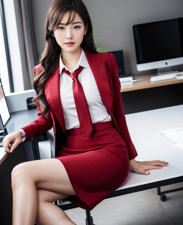 Elegant secretary in a business shirt, working in an office, dressed in a suit, Wear high-end heels, Girl in shirt, dressed in a suit, dressed in a suit, Business Wear a suit, Business woman, Business clothes, Wearing a red suit, Wear a shirt and skirt, Woman in suit, Business clothes, Business clothes, RAW photo, (8K, Highest quality, Masterpiece: 1.2), (intricately details: 1.4), (Photorealsitic: 1.4), Realistic skin texture, Detailed face, Beautiful detailed eyes, Highly detailed CG Unity 16K wallpaper, Makeup, (Detailed background: 1.2) ),with no underpants,spread their legs