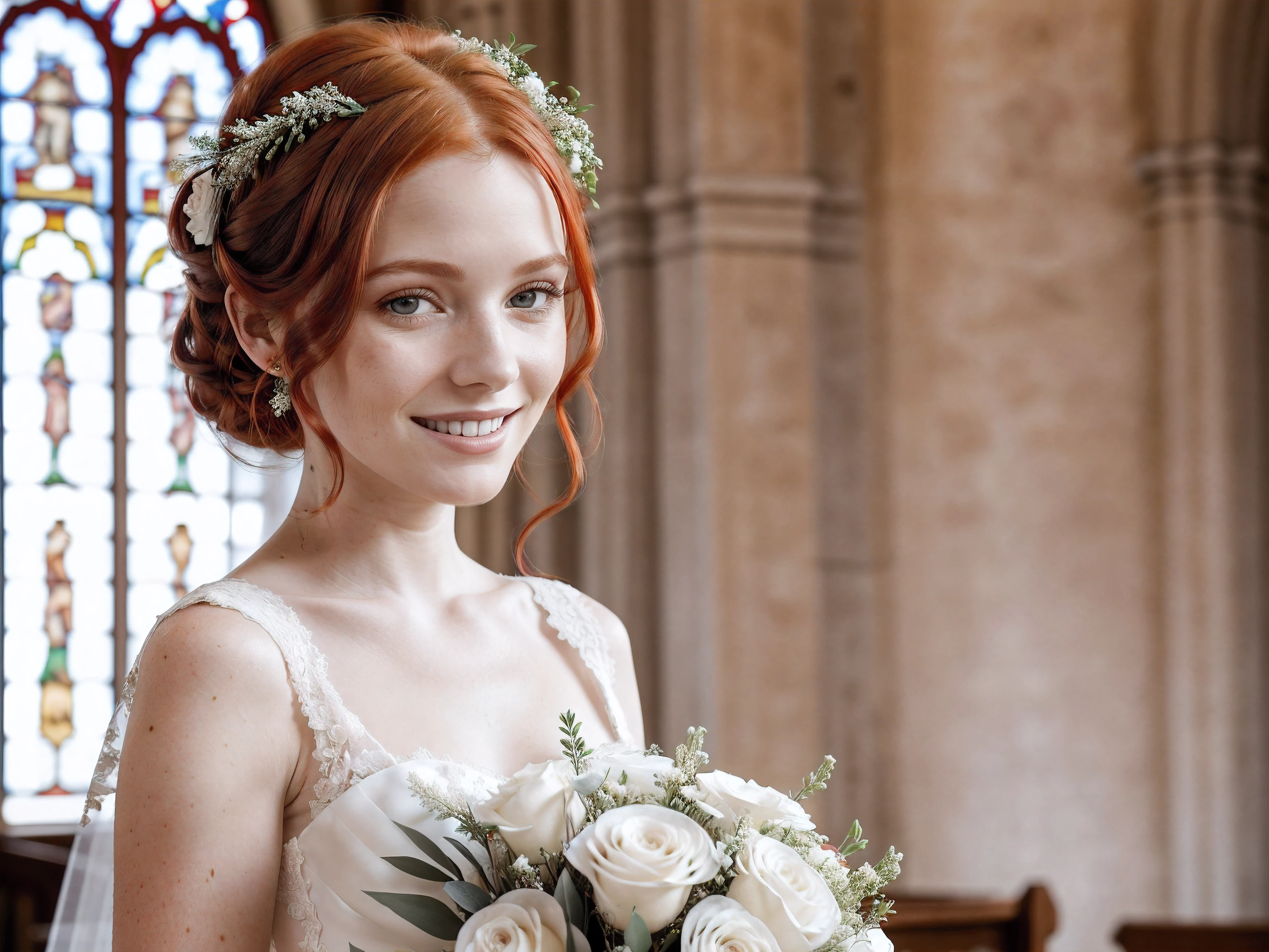 (close-up editorial photo of 27 yo woman, red hair, slim French sweetheart), wearing a wedding dress, holding flowers, looking really happy, Blurred background outside a church, high quality, good lighting, f1.2, Canon 85mm, perfect, detailed dress, white wedding dress, detailed sticking.