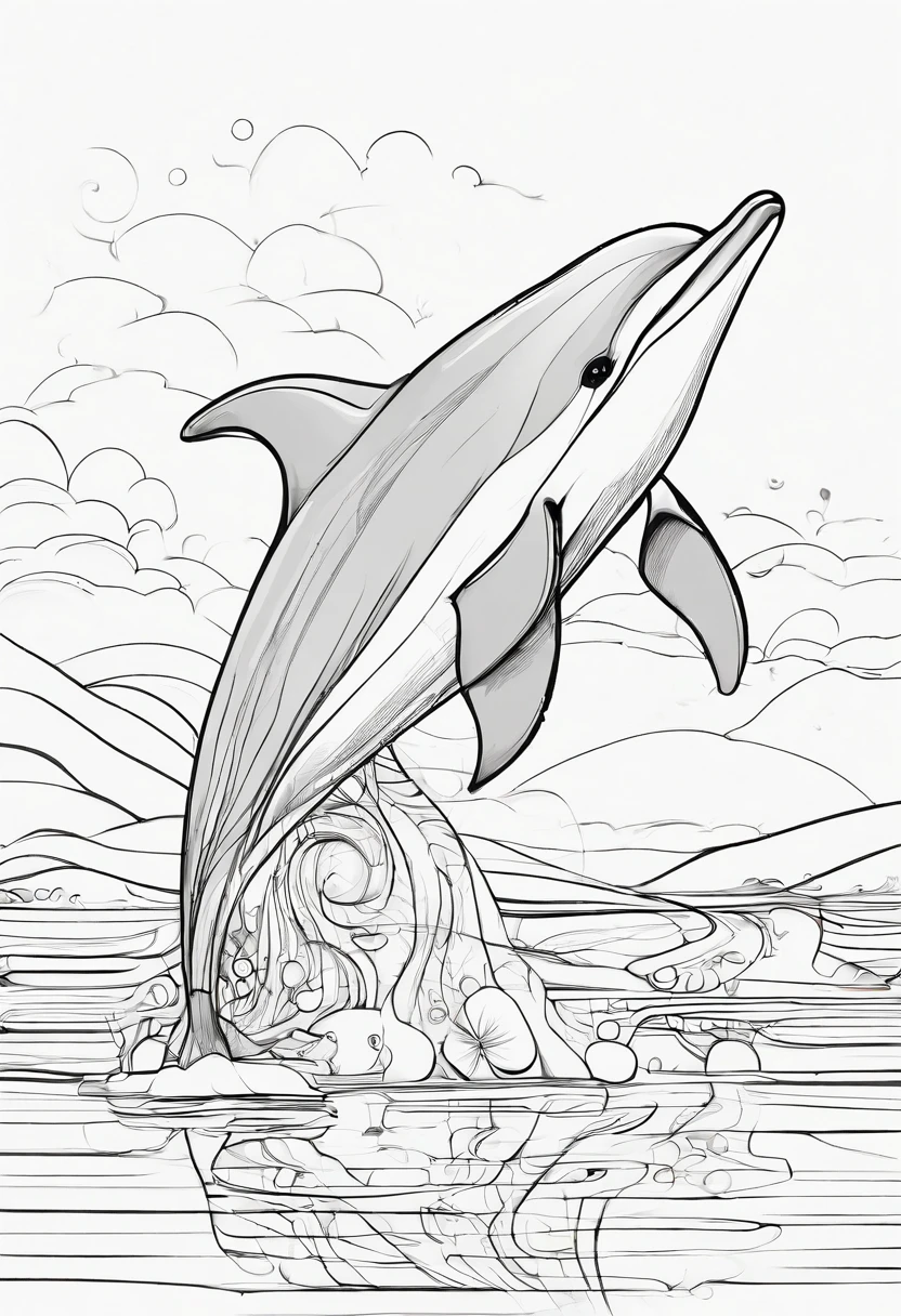 coloring page for kids, cute dolphin, simple, cartoon style, thick lines, medium details, no shading, black and white