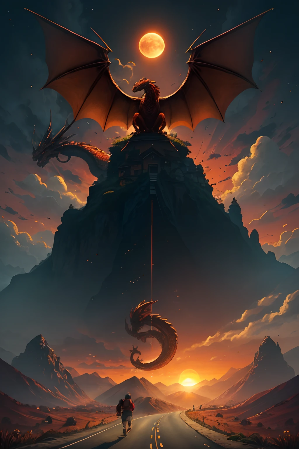 um adolescente moreno, alto, com olhos marrons claros, cabelo castanho ondulado grande em cima e dos lados, running towards sunset, along with his dragon flying on top of him (The dragon is reddish with shiny gold-like scales). They're both on the street, with two hills behind on which the one on the left has a monoment written on it "creio em deus" e o outro tem um farol em formato de trevo que brilha. --auto