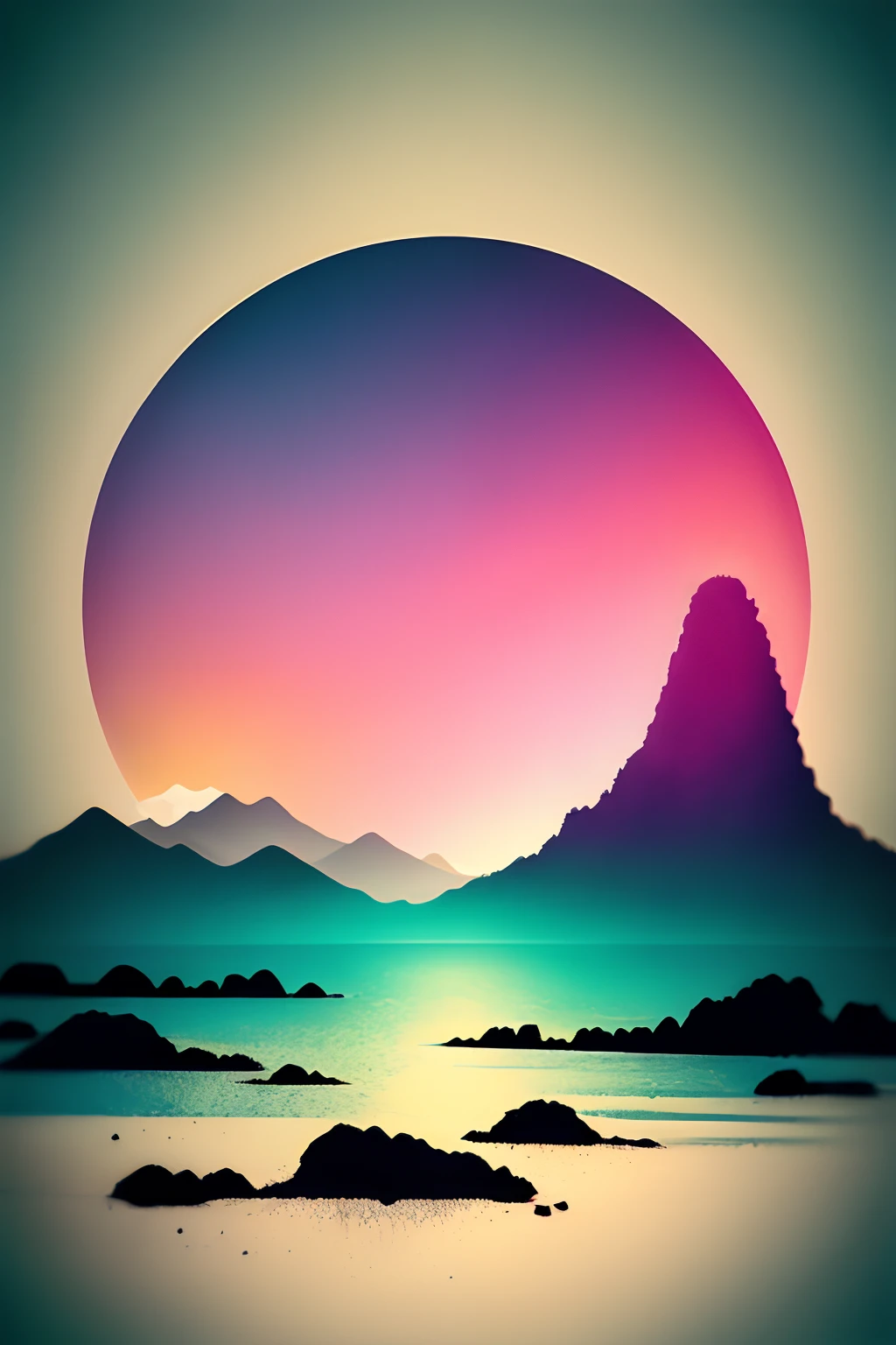Circular design for a T-shirt, circular frame, (La mejor calidad,4k,8k,Altas Resoluciones,Obra maestra:1.2),neon, Synthwave,Ultra detallado,(realista,fotorrealista,fotorrealista:1.37),neon, Synthwave, retro,Sunset landscape with mountains and palm trees,Tonos de color suaves,Soft lighting