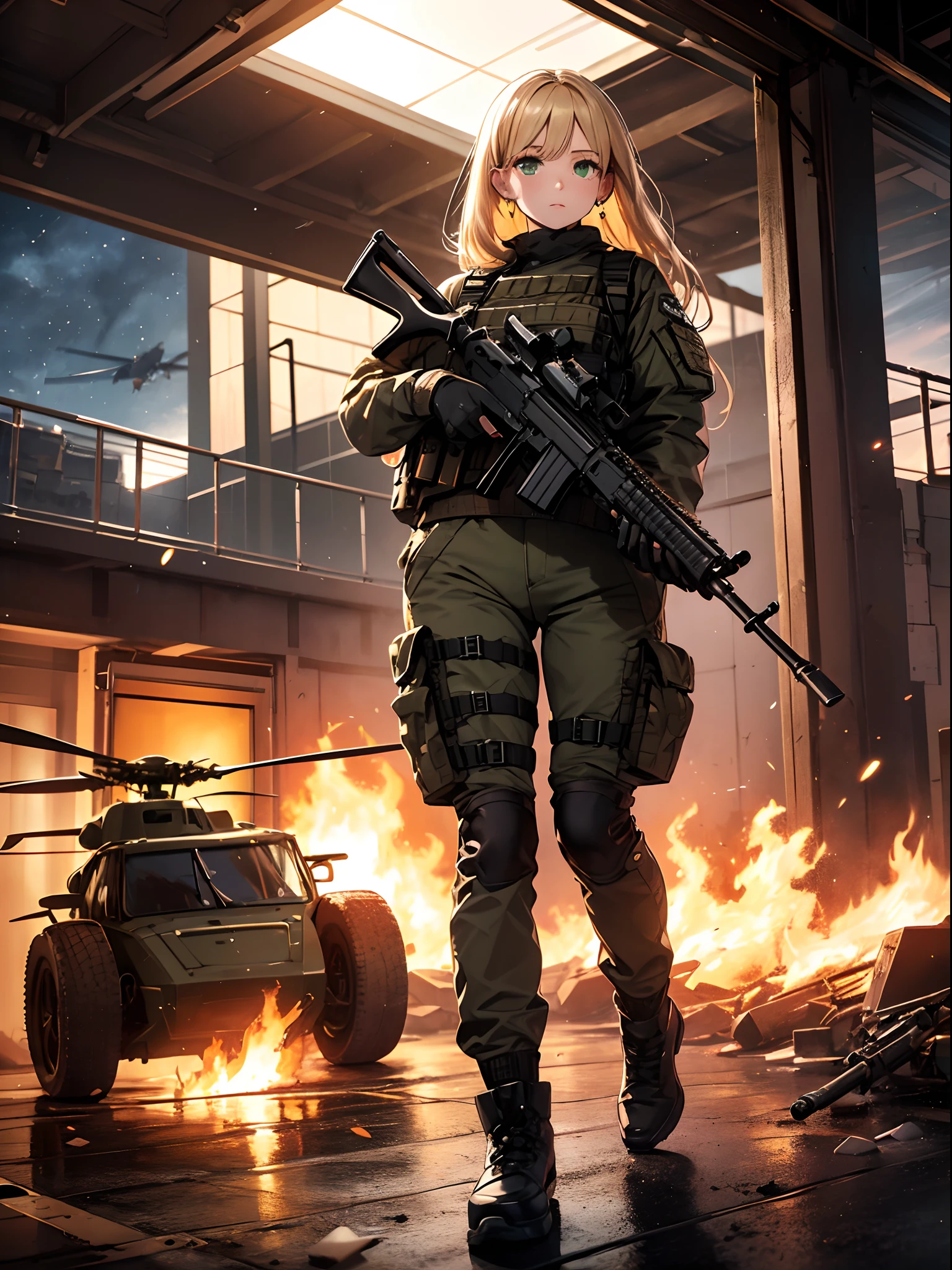 {{Masterpiece, top quality, highly detailed CG, 16K, movie lighting, lens flares}}, one girl of a special forces operative, (aiming a huge rifle), (wide view), thick body, Photorealistic: 1.4, long blonde hair, green eyes, aiming, ((Boarding gate of combat helicopter: 1.6)), SWAT, night footage, the sky clouded by plumes, plumes rising from flames, from above, aiming, rifle aiming, lock-on, rifle knee shooting, full body shot