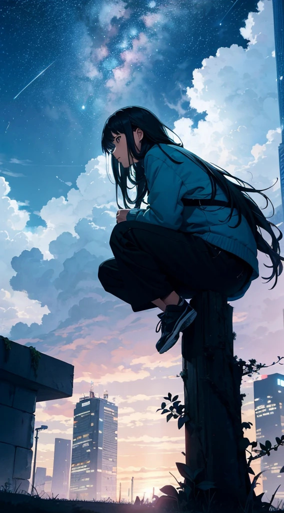 octans, sky, star (sky), scenery, starry sky, night, 1girl, night sky, solo, outdoors, building, cloud, milky way, sitting, tree, long hair, city, silhouette, cityscape