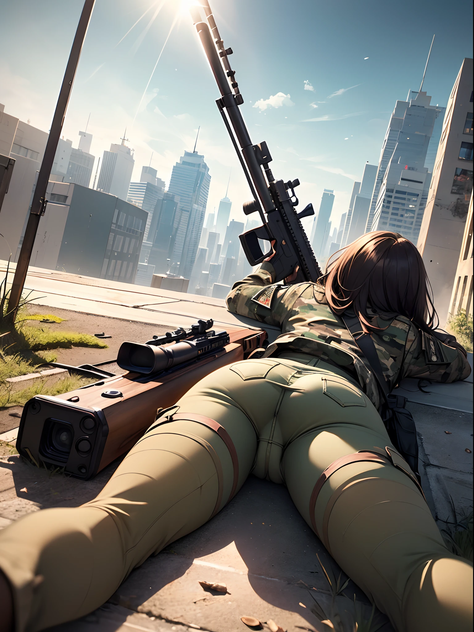 An elite sniper aiming at her victim, on top of a building, lying down (((using a long-range rifle))), laser sight, camouflage clothing, holster, lots of ammunition, big ass, thick thighs, { extremely detailed 16k CG unit wallpaper}, expansive landscape photography, (a low view focusing on the character and setting), (wide open field view), (low angle shot), (high light: 1.5), (low light: 1.4), (warm light source: 1.8), complex details, (iridescent colors: 1.5), (bright lighting), (atmospheric lighting), Dreamy, aesthetic, action