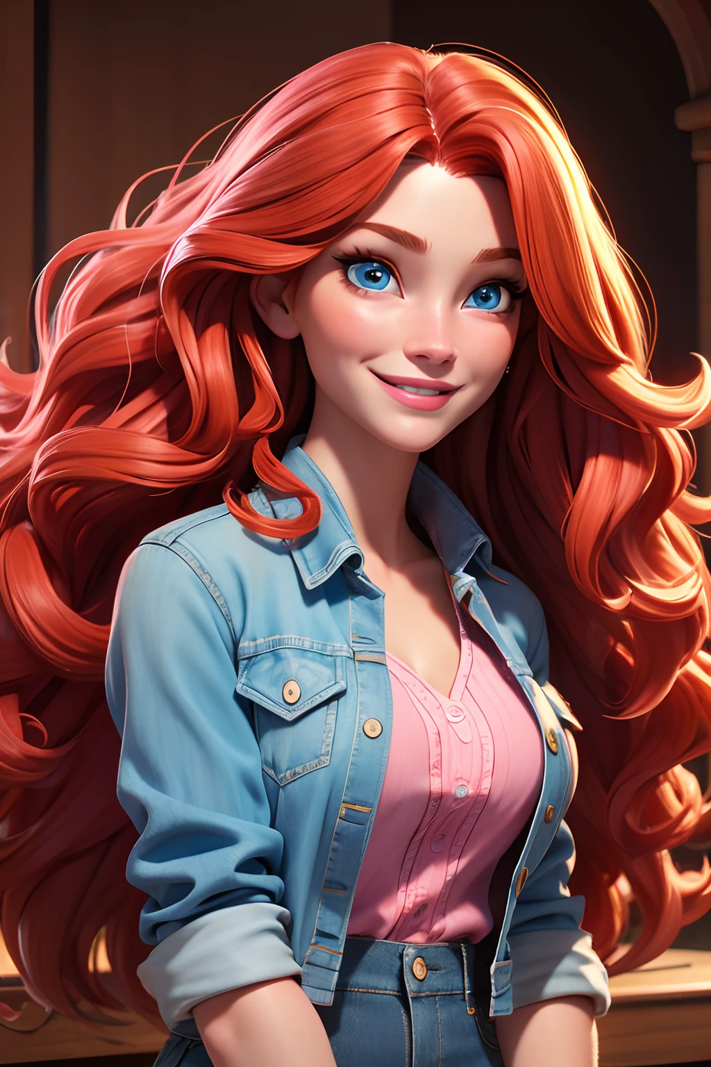 A caucasian woman, with long red wavy hair, fox-like blue eyes, vibrant with a pink blouse and a denim jacket, she is smiling