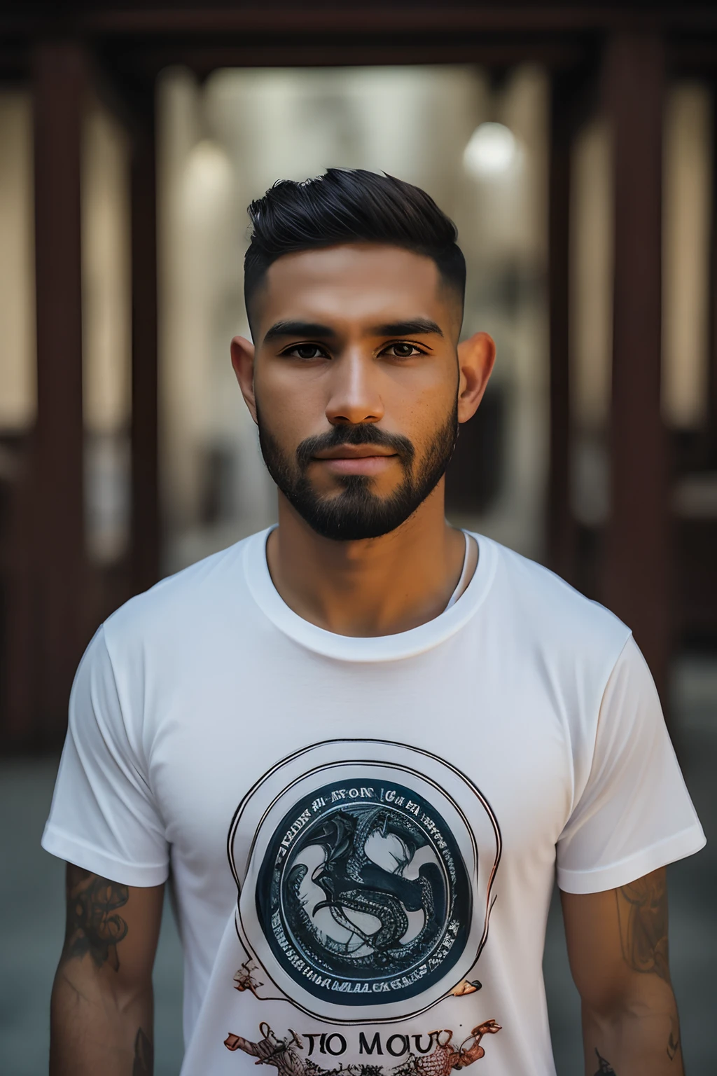Um close-up de um menino moreno, cabelo ondulado grande, Contemporary clothing, Serious style background "house of the dragon", bermuda jinx, olhos profundos, barba a fazer, camiseta apertada. 8k, uhd, severe low lighting, alta qualidade, foco nitido, fujifilm XT3