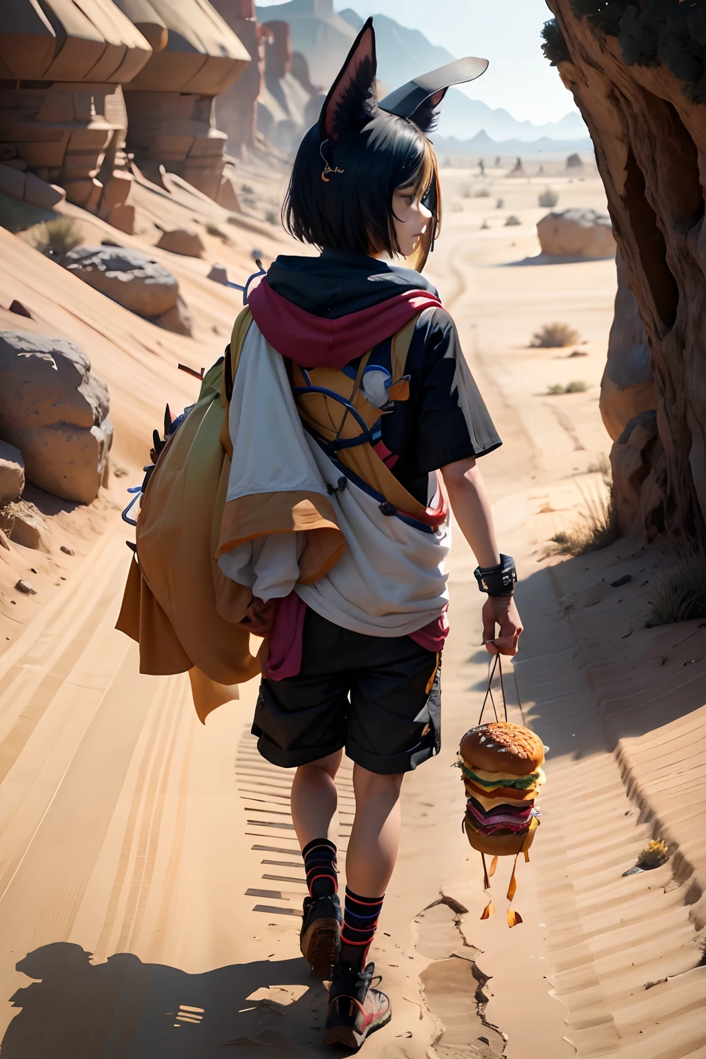 one boy, has long fox ears, walking in the desert, has a burger instead of a hat