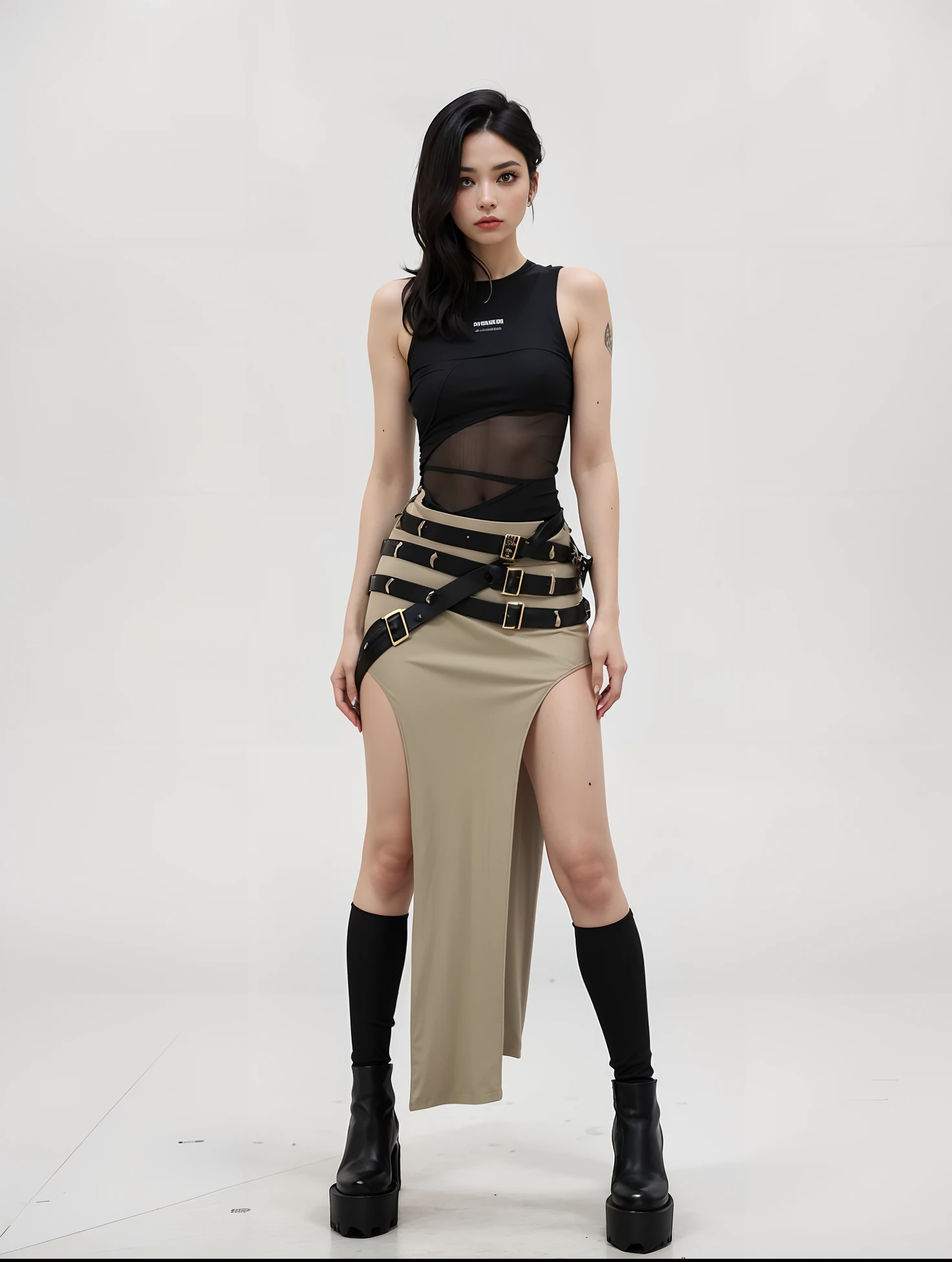 uma mulher de saia e botas posa para uma foto, Roupa multicamadas, style mix of æon flux, design de roupas, roupas de moda cyberpunk, Fotografia de uma mulher techwear, saias em camadas, roupa estilo cyberpunk, style is a blend of æon flux, Aeon Estilo Flow, futuristic clothing, roupas de moda futuristas, y2k, e 2 k