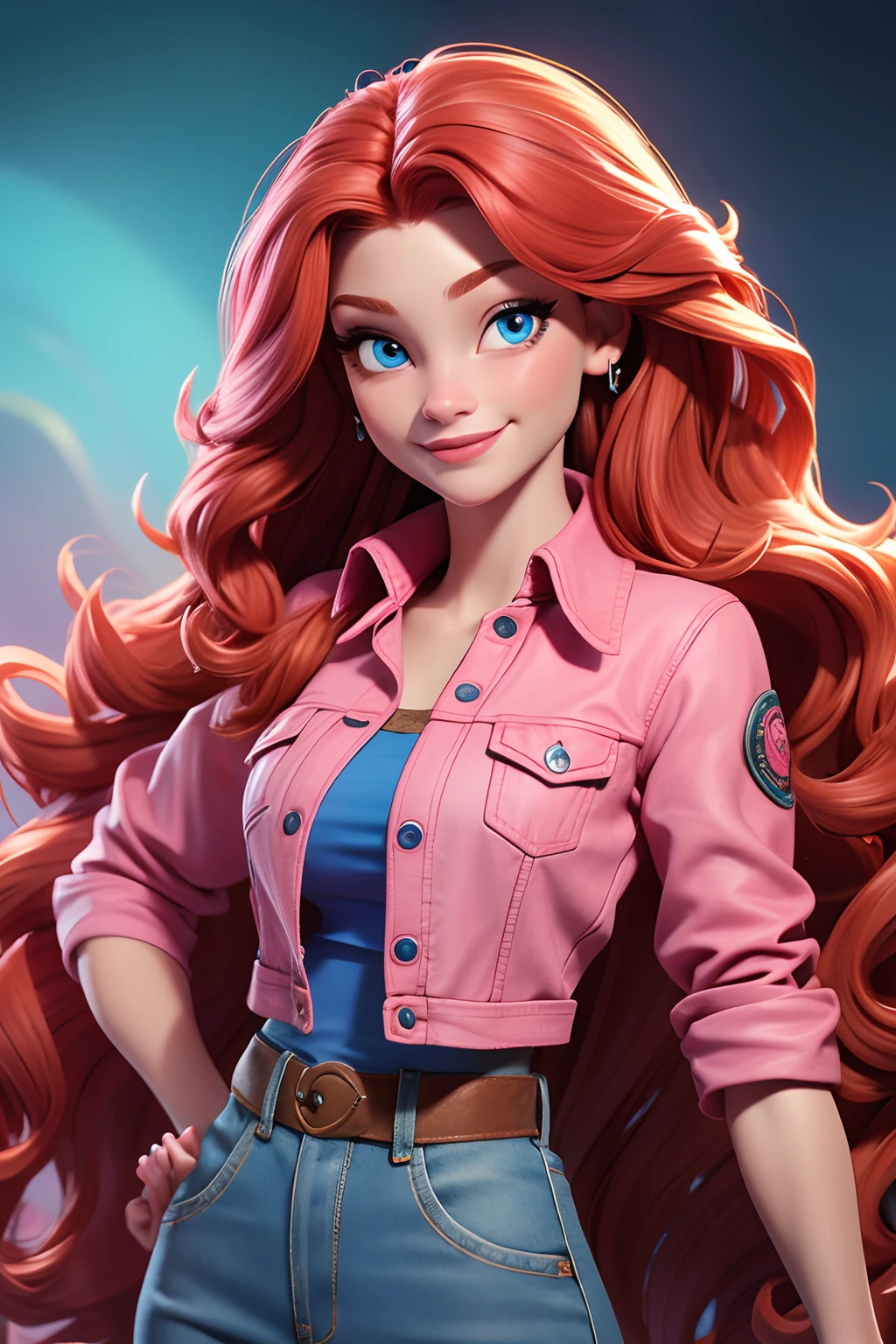 A caucasian woman, with long red wavy hair, fox-like blue eyes, vibrant with a pink blouse and a denim jacket, she is smiling